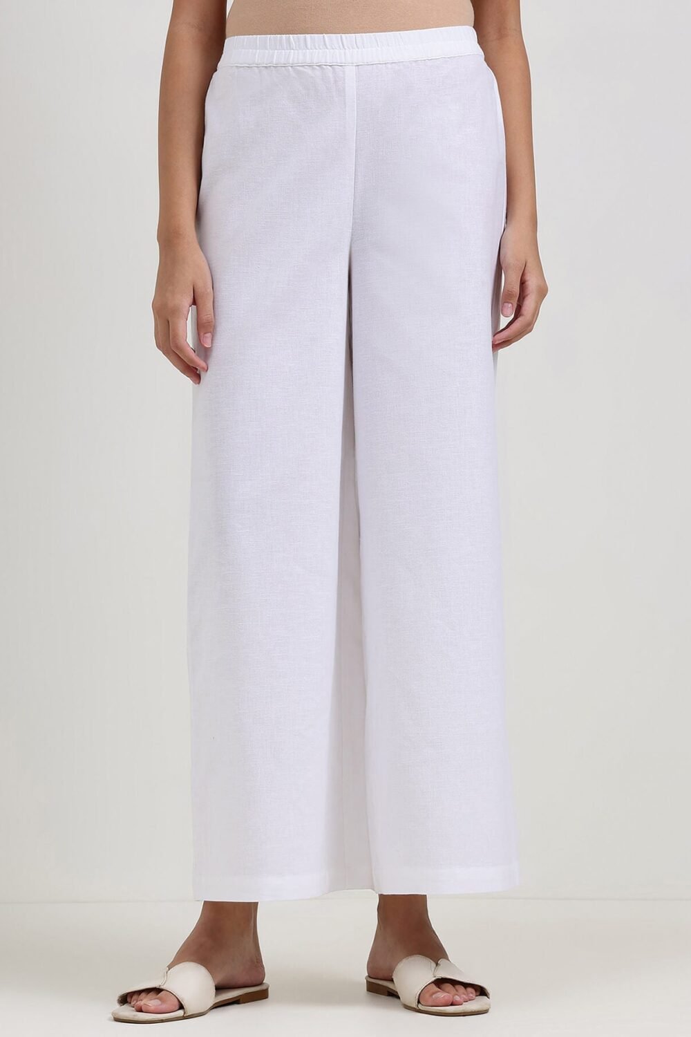Linen Blend Solid Flared Trouser - White