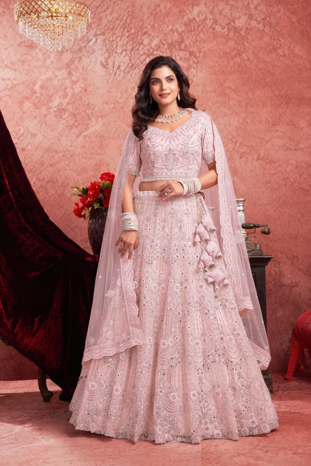 Pink Zarkan & Mirror Embroidery Net Bridal Lehenga