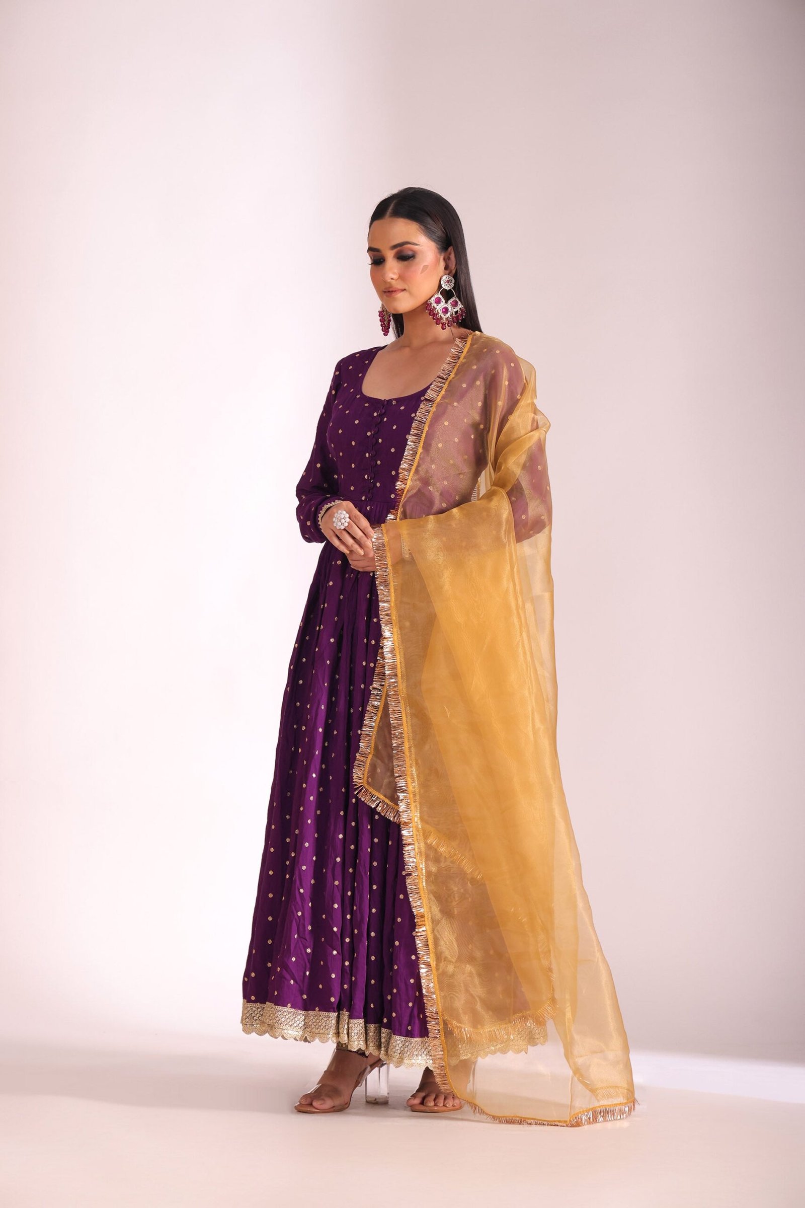 Mastani Wine Embroidered Chanderi Anarkali And Pant With Dupatta