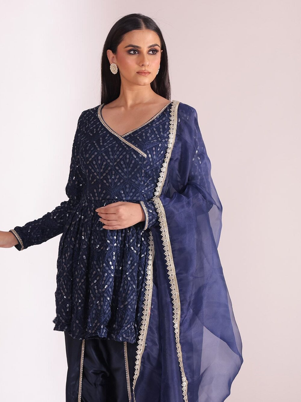 Mastani Navy Blue Embroidered Georgette Peplum Angrakha And Dhoti With Dupatta