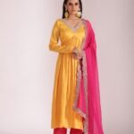 Mastani Yellow & Pink Embroidered  Chanderi Anarkali And Pant With Dupatta