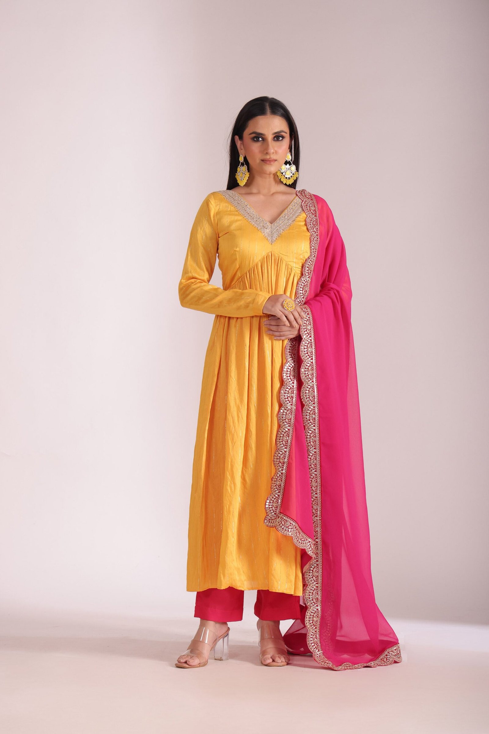 Mastani Yellow & Pink Embroidered Chanderi Anarkali And Pant With Dupatta