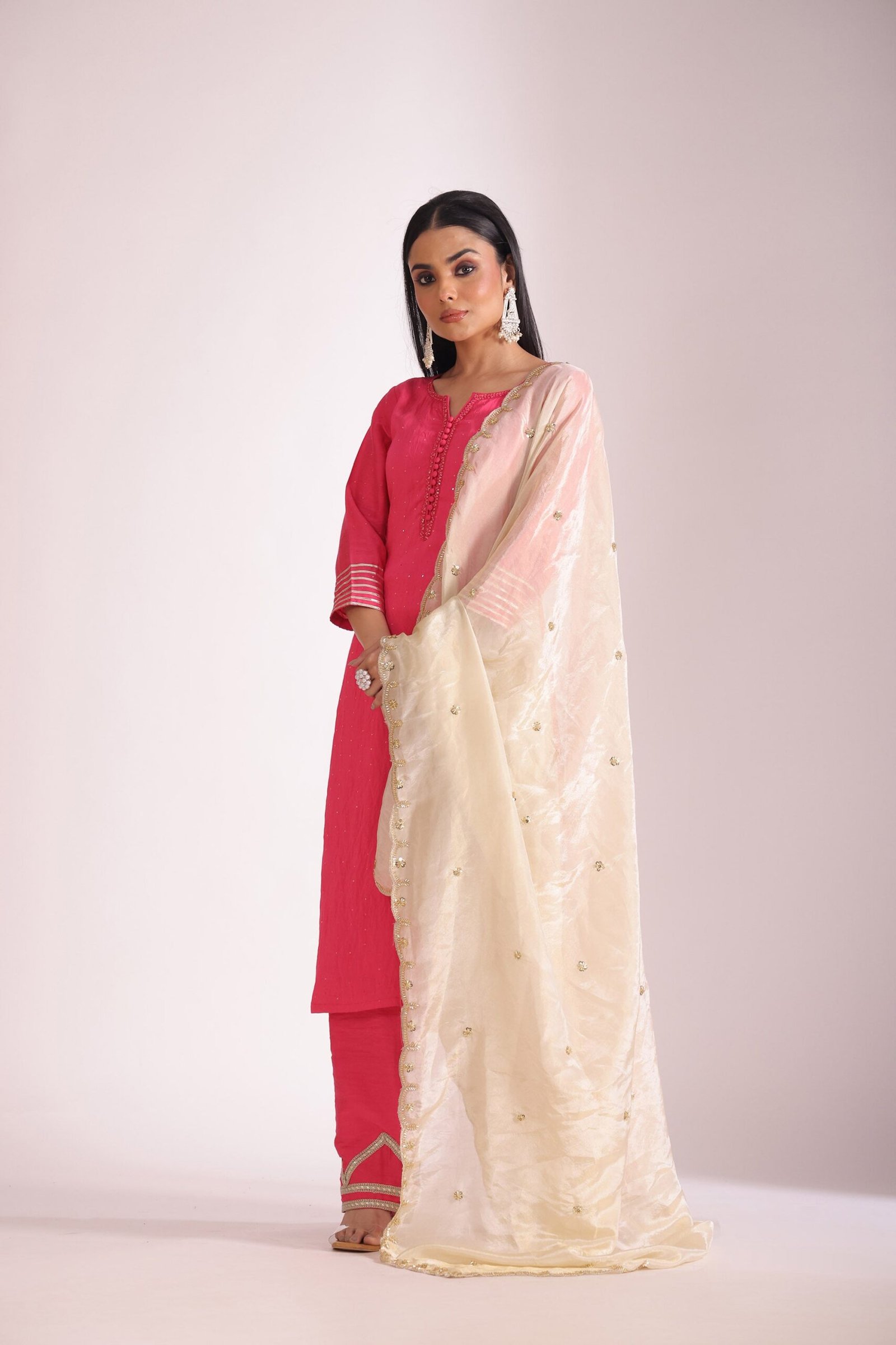 Mastani Fuschia Embroidered Chanderi Kurta And Pant With Dupatta