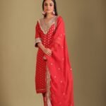 Noorika Red Embroidered Silk Kurta  And Dupatta
