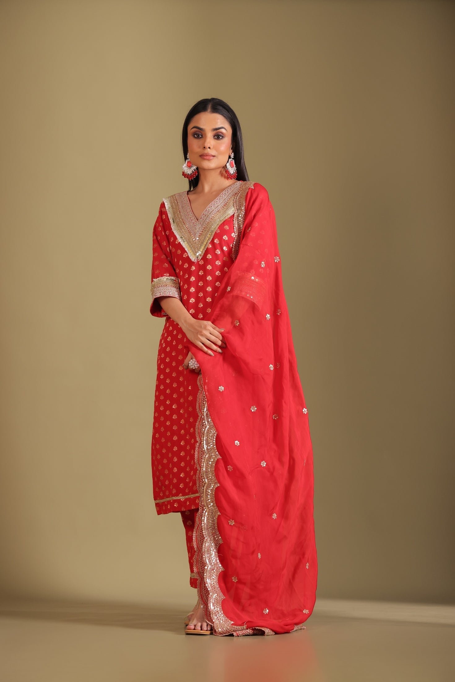 Noorika Red Embroidered Silk Kurta And Dupatta