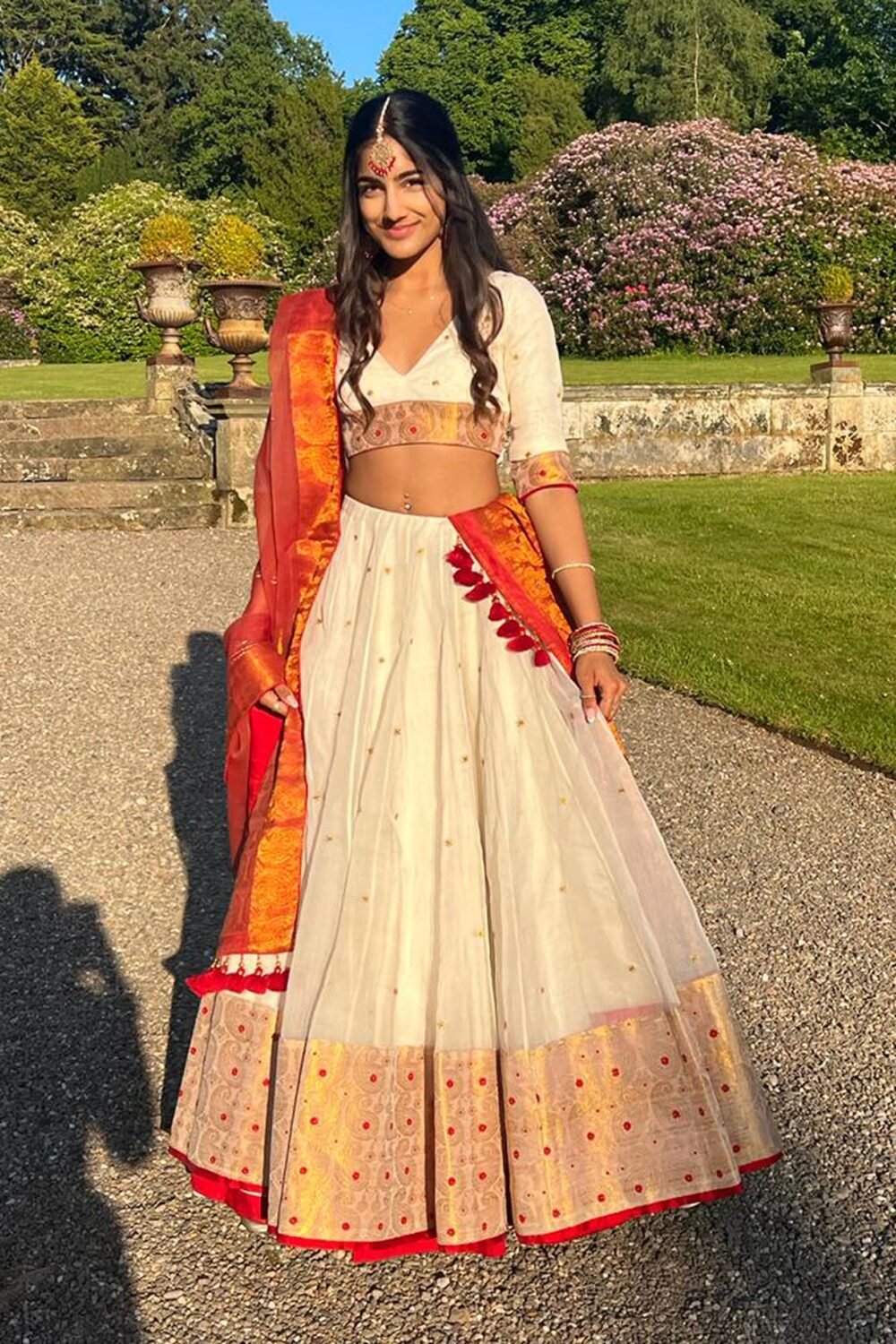Red and White Zari Butta  Assam Hand Woven Bridesmaid Lehenga