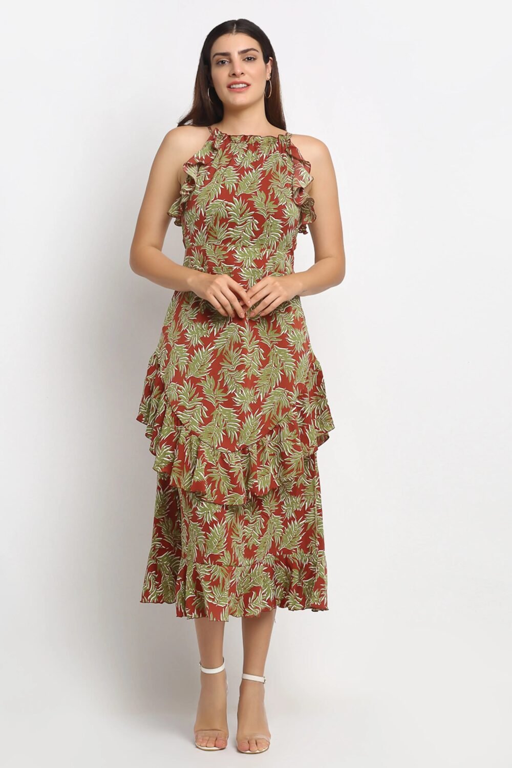Maroon Print Long Length Dress