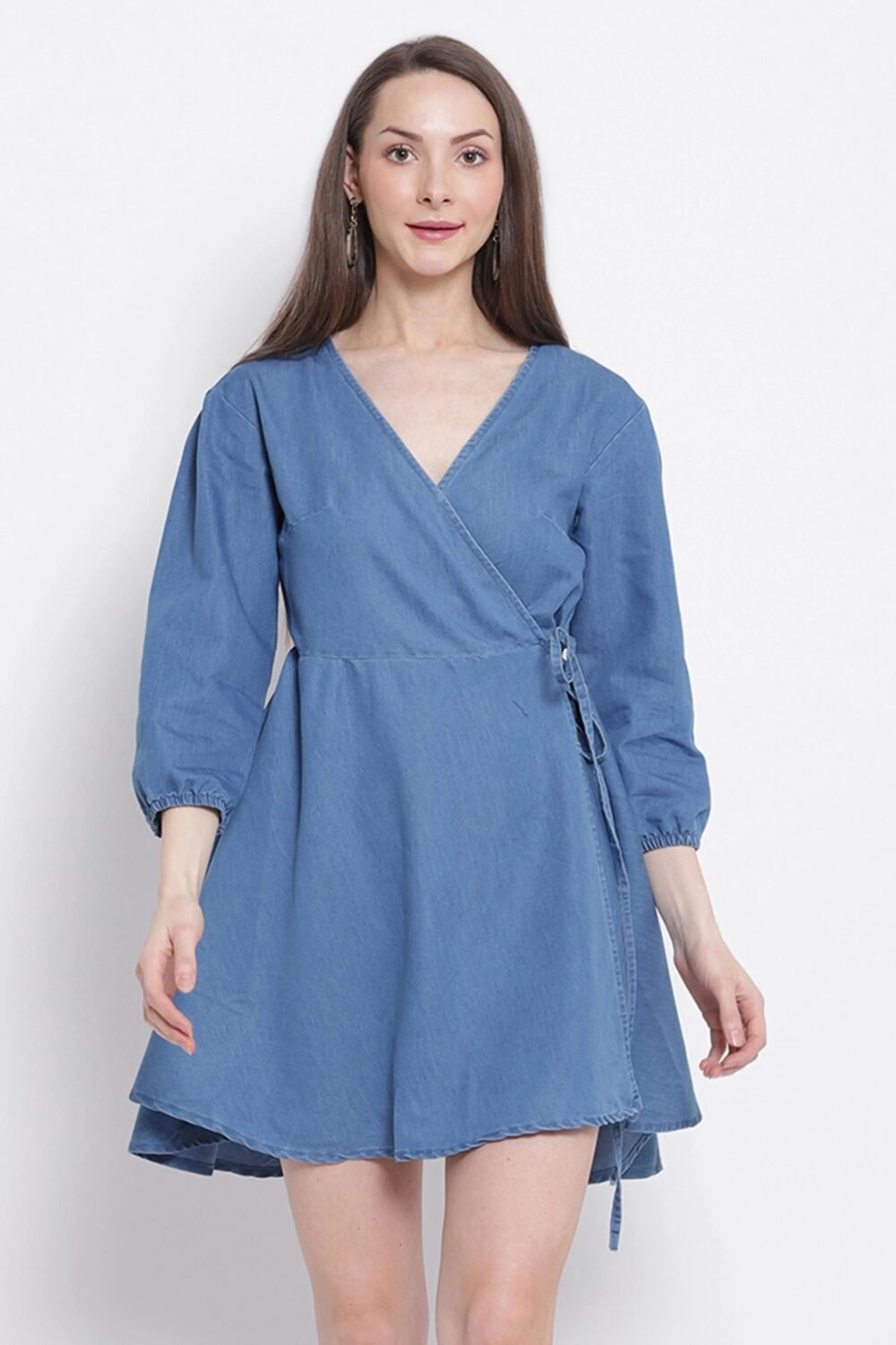 Blue Cotton Flared Denim Dress