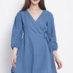 Blue Cotton Flared Denim Dress