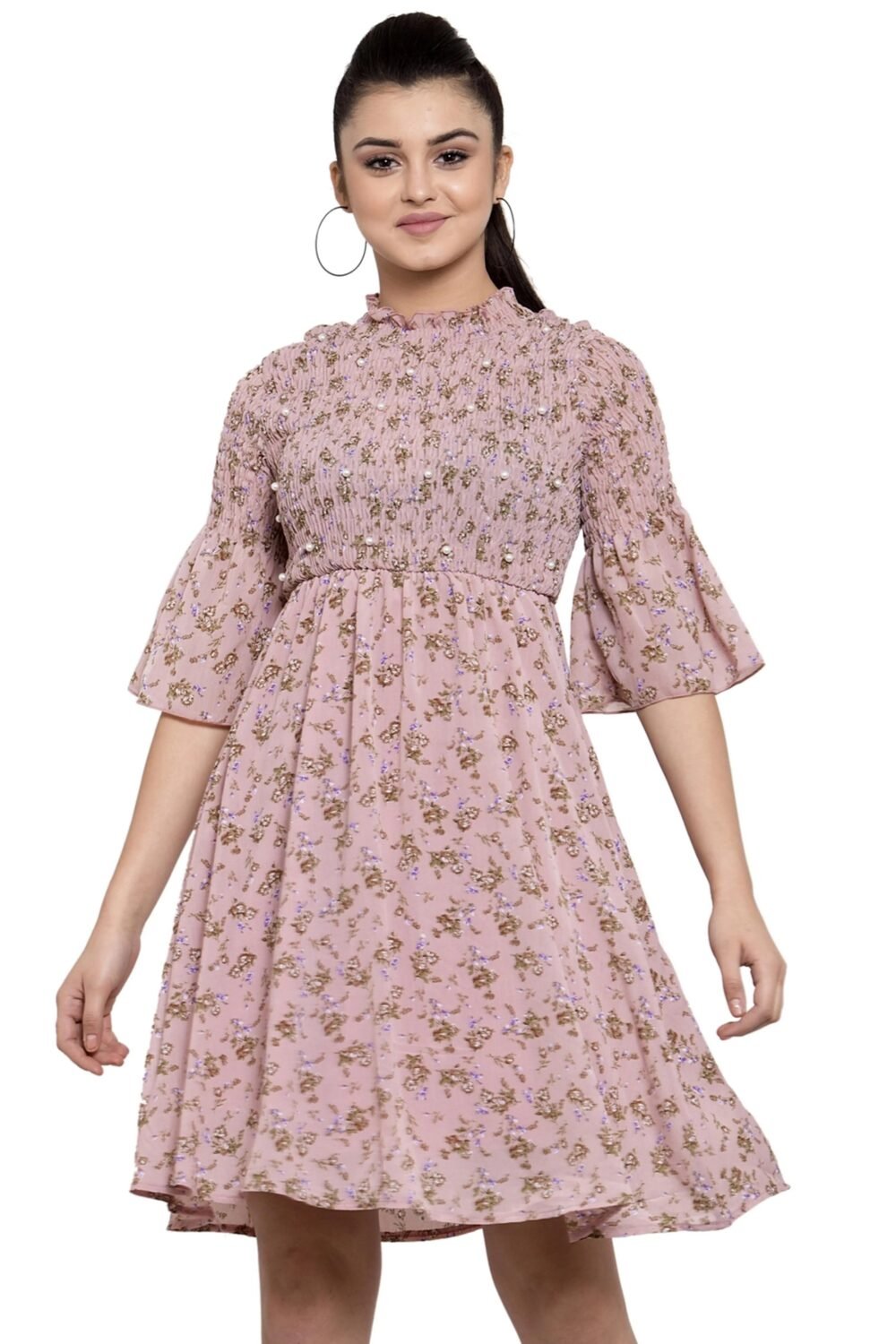 Pink Embellished Georgette Flared Dress
