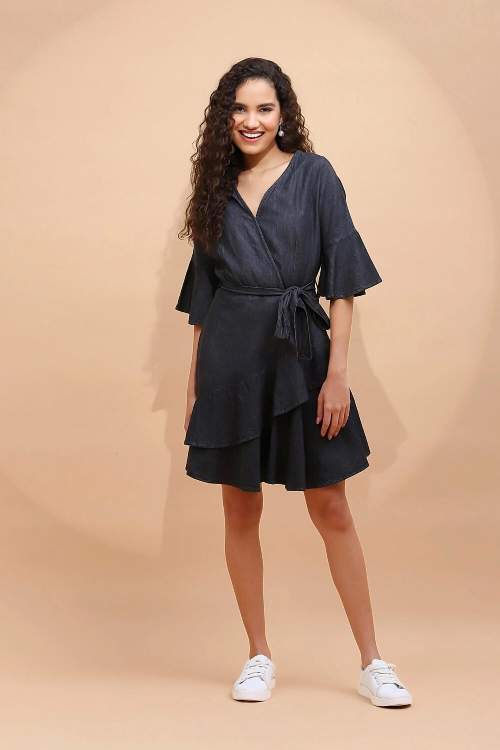 Black Cotton Blend Flared Wrap Dress