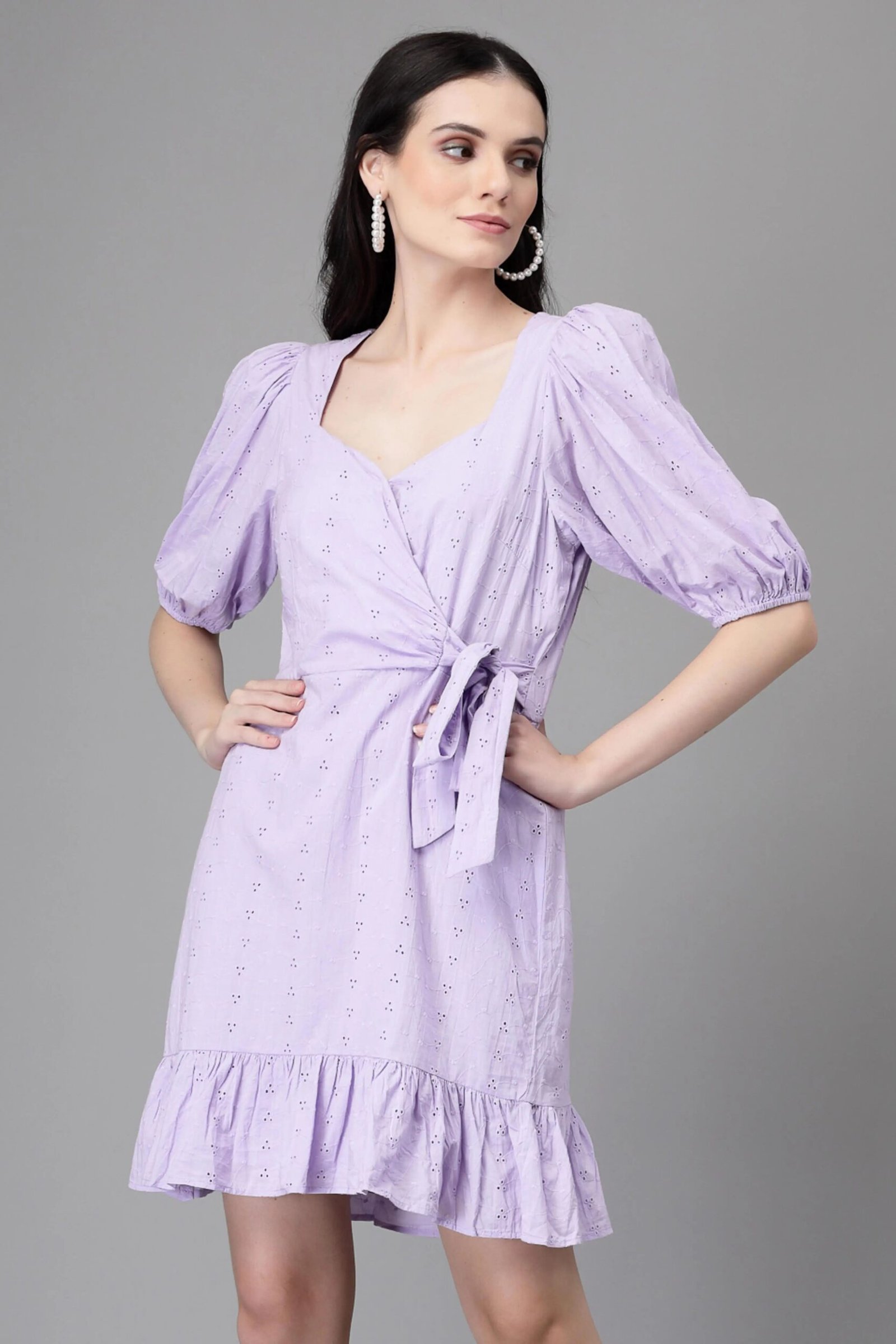 Lilac Embroidered Cotton Flared Dress