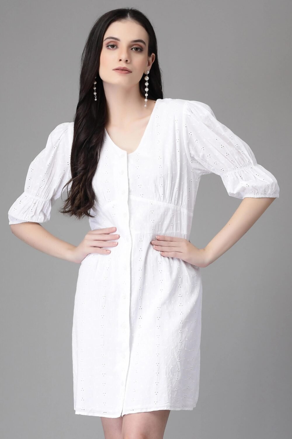 White Embroidered Cotton Flared Dress