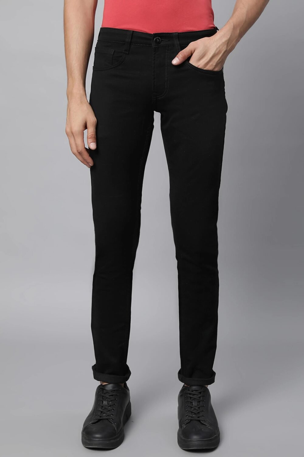 Black Cotton Blend Solid Jeans