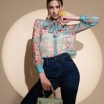 Blue Jabot Collar Floral Shirt