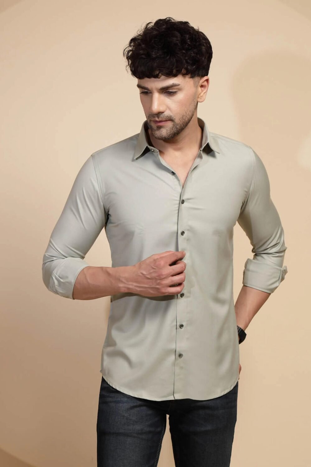 Grey Solid Cotton Blend Shirt