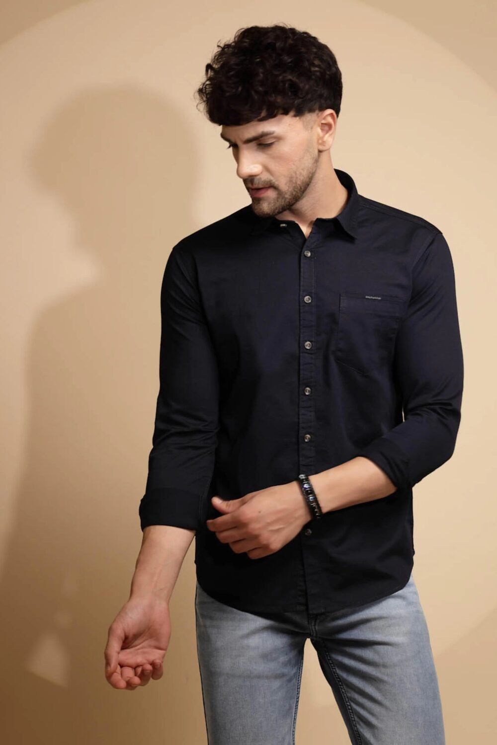 Blue Cotton Blend Solid Shirt