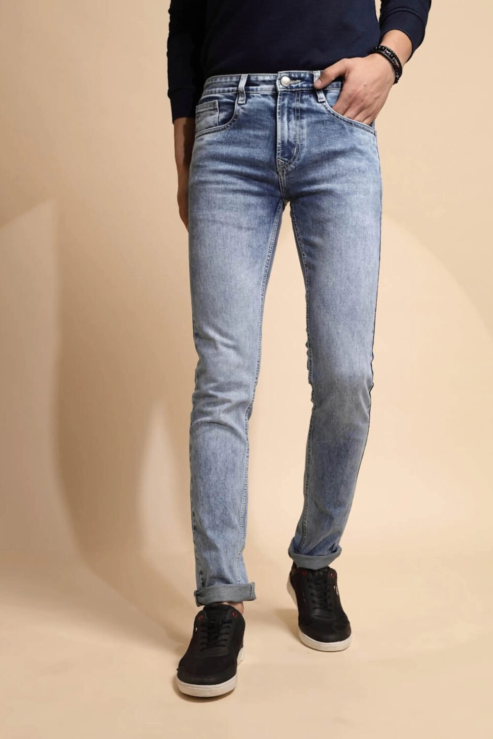 Light Blue Cotton Blend Slim Fit Jeans