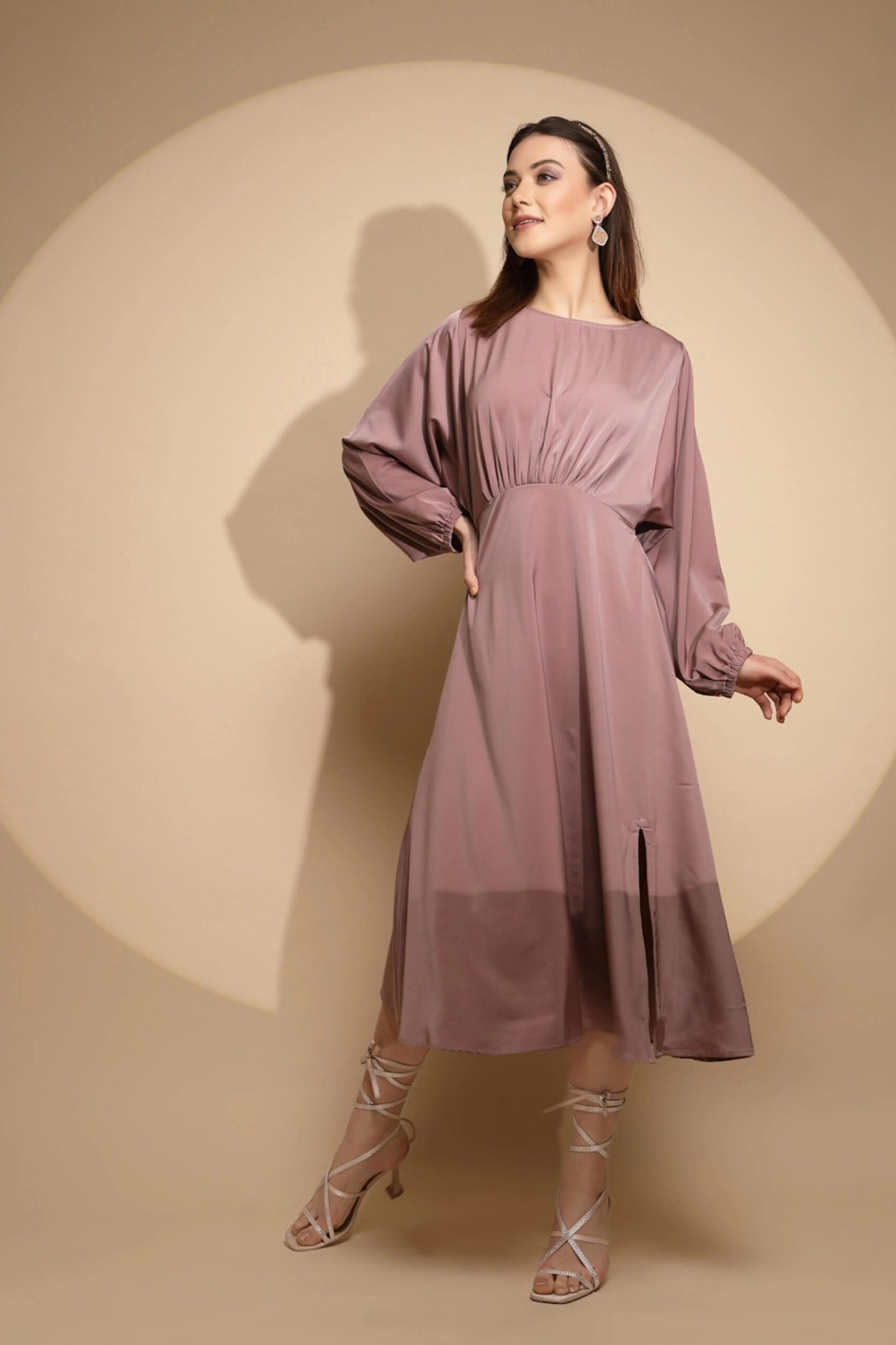 Dusty Beige Solid Satin Long Dress