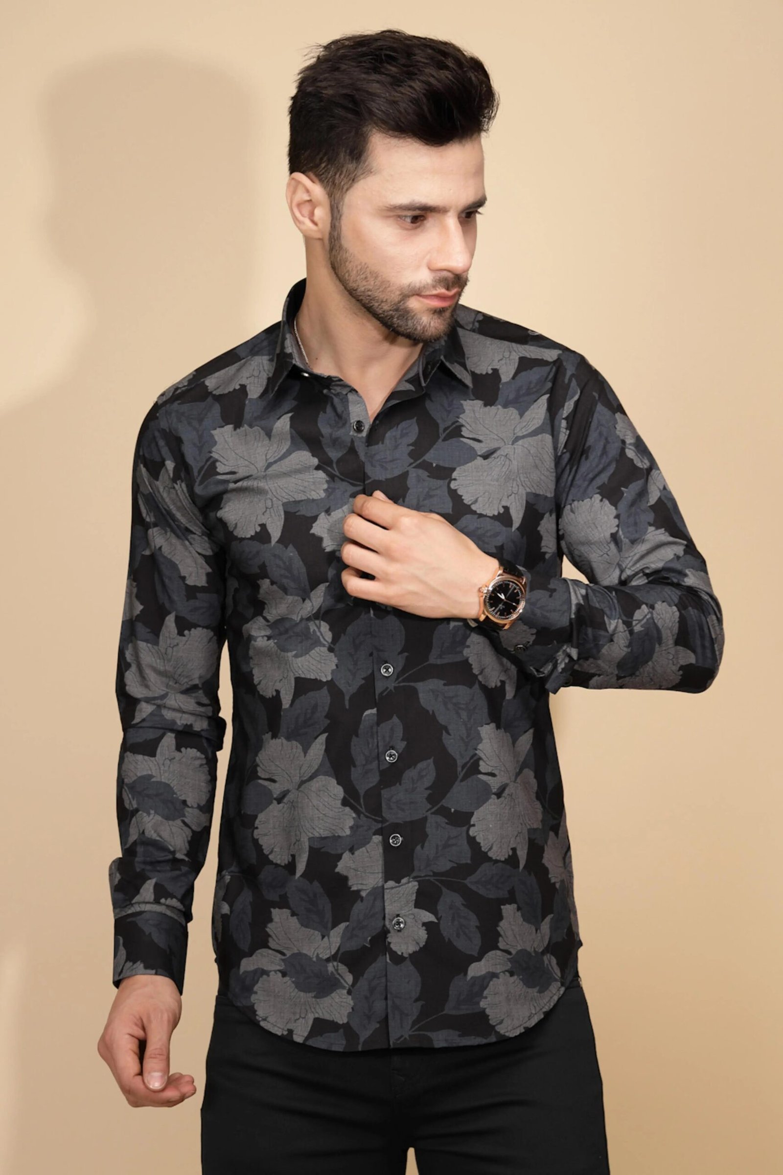 Black Cotton Regular Fit Shirt For Mens