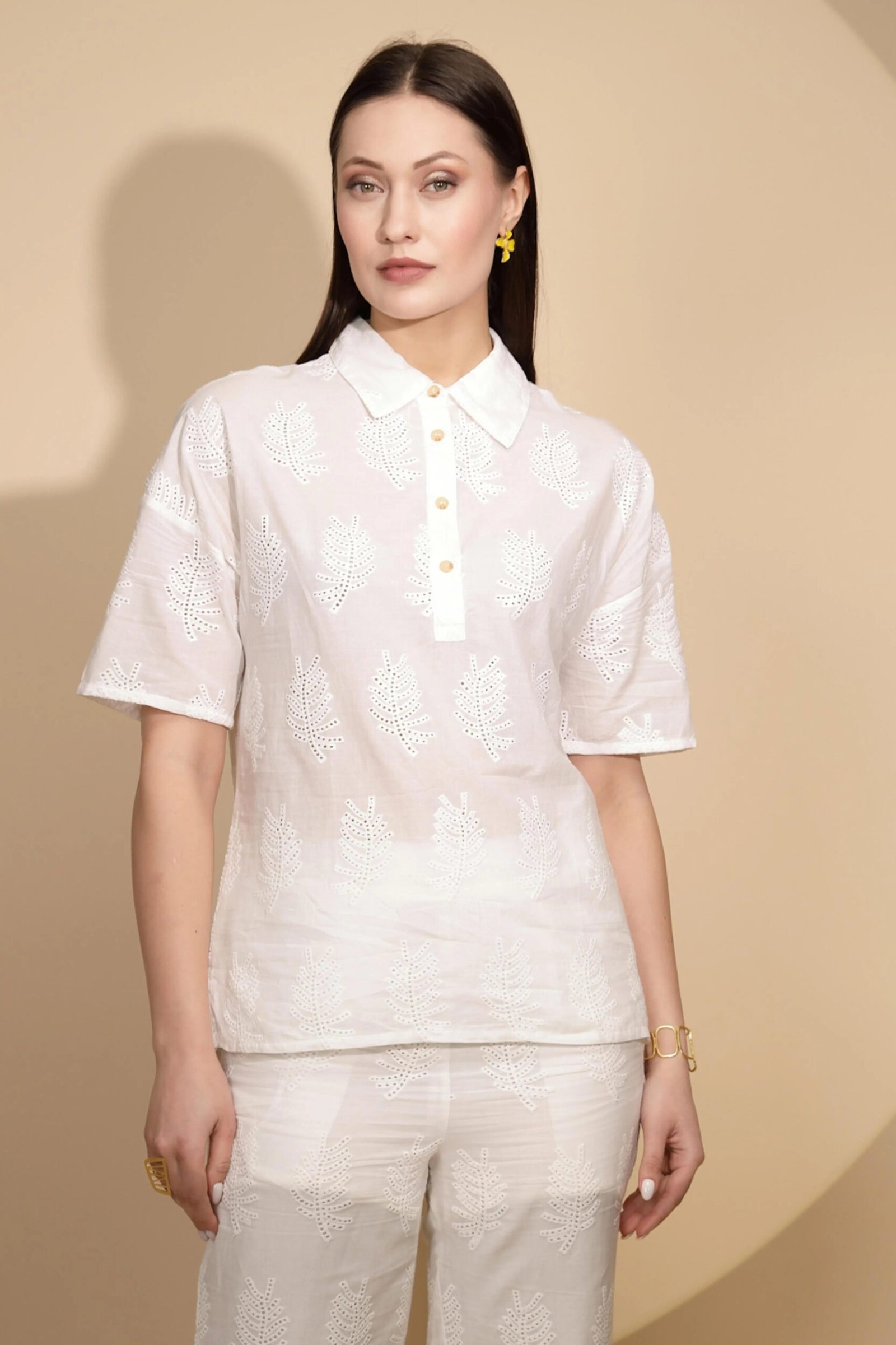 White Embroidered Cotton Shirt Top