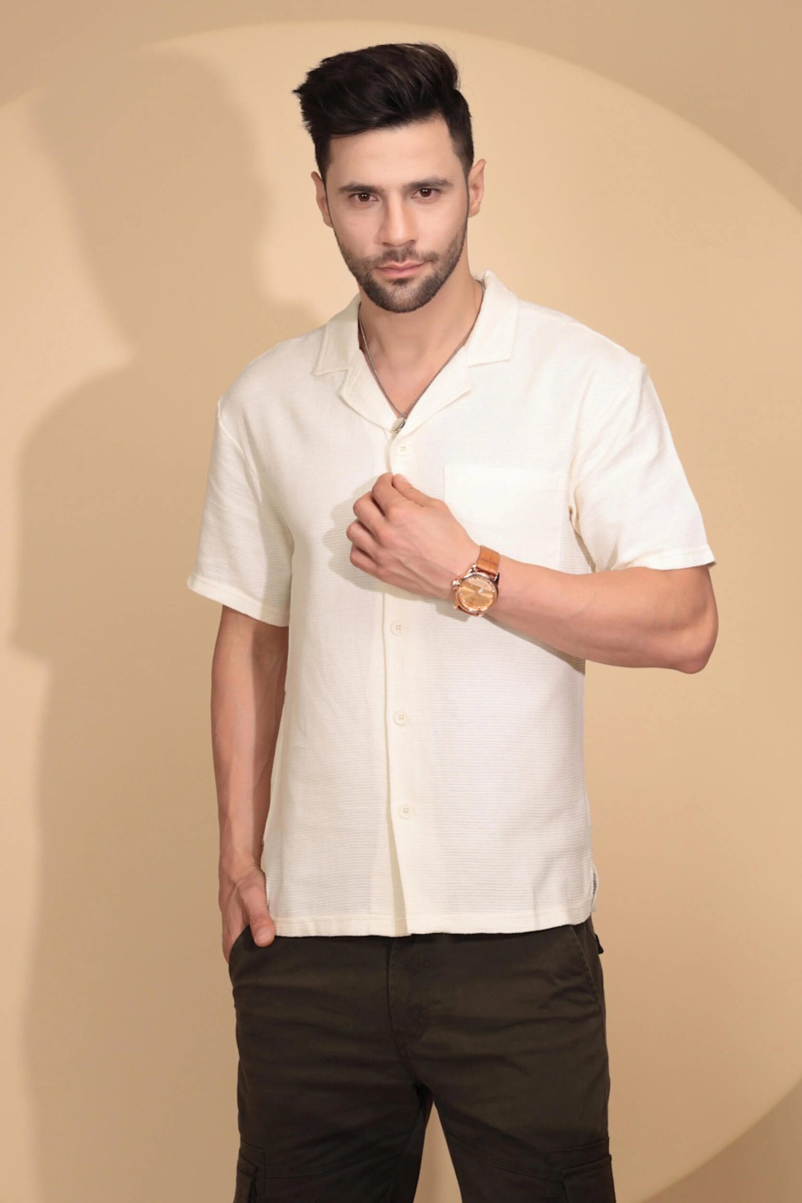 Cream Cotton Regular Fit Shirt For Mens