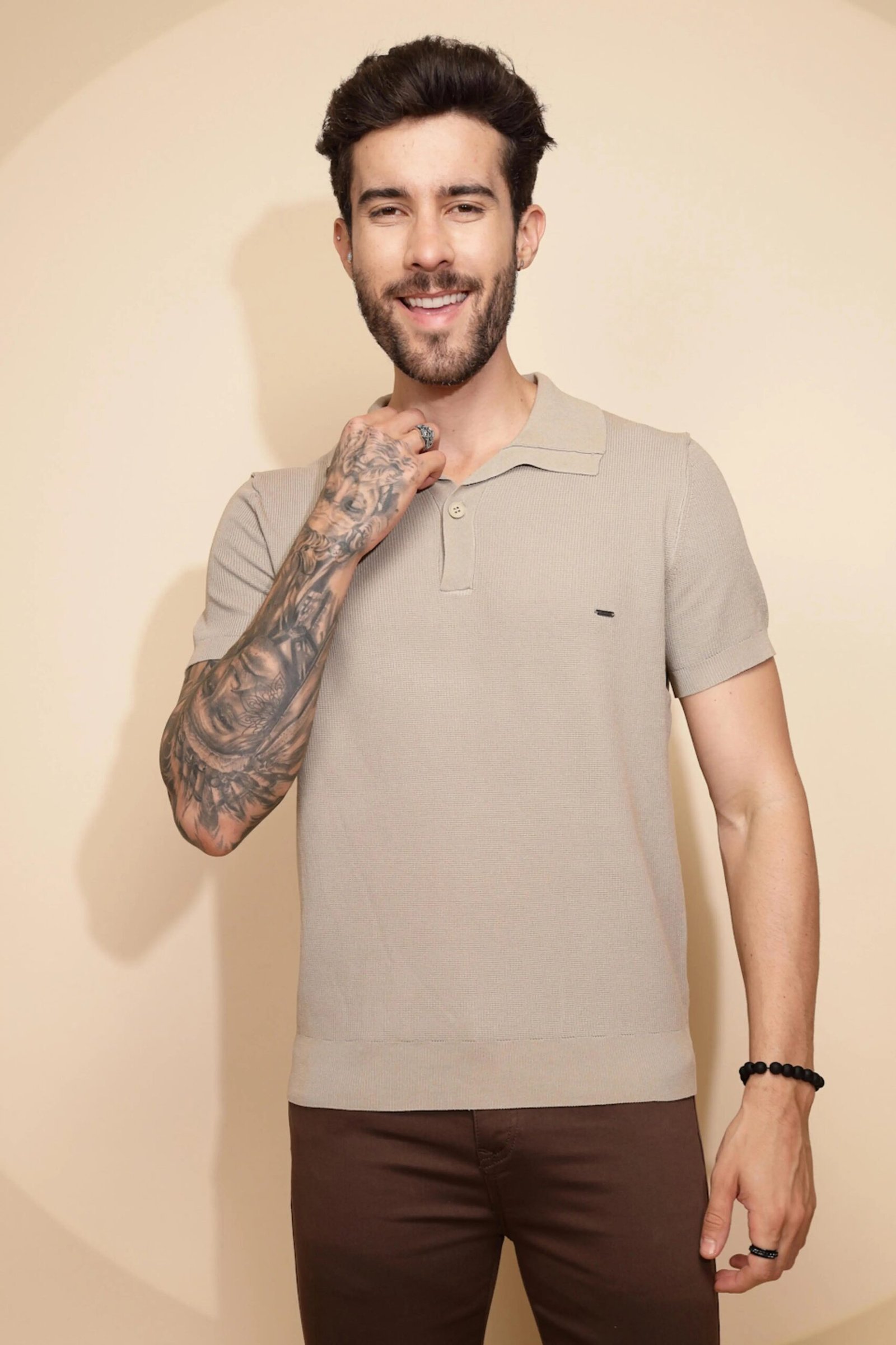 Beige Viscose Blend Regular Fit T-Shirt