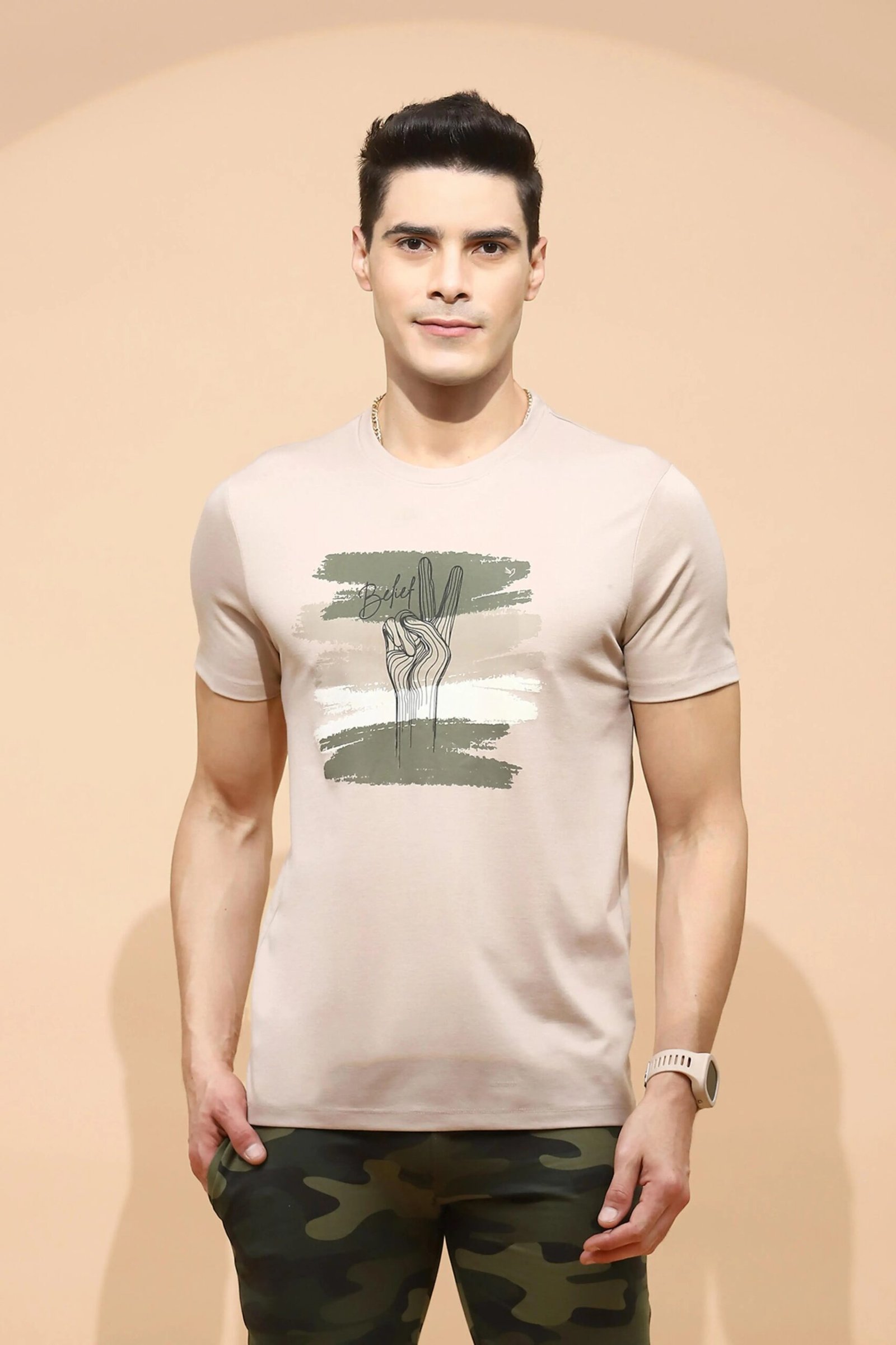 Beige Cotton Blend Regular Fit T-Shirt