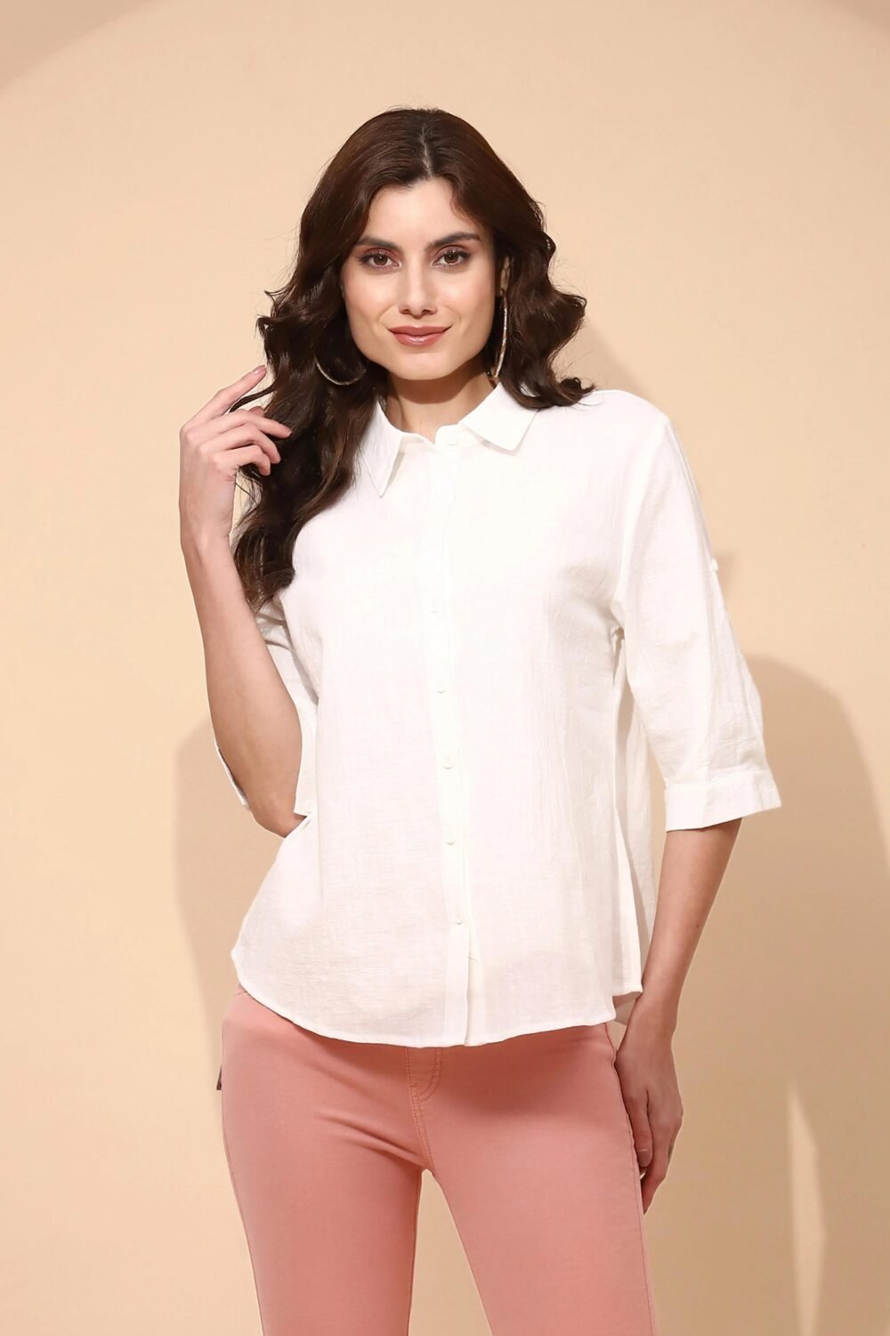 White Cotton Blend Regular Fit Shirt