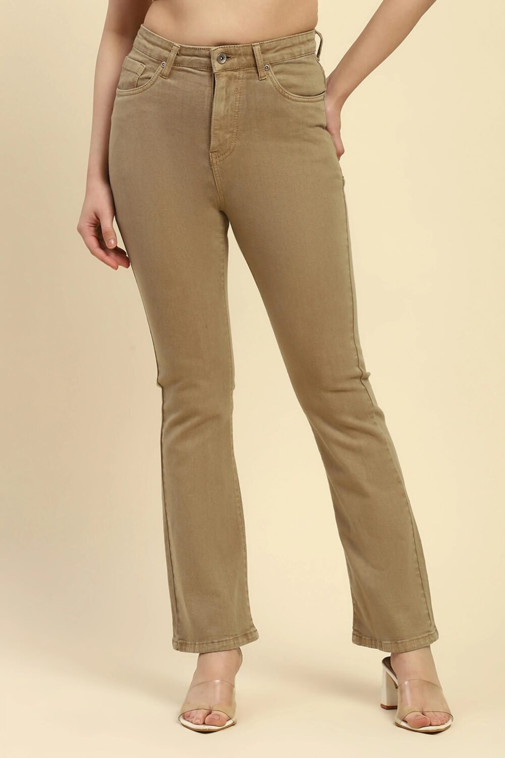 Khaki Solid Cotton Blend Jeans