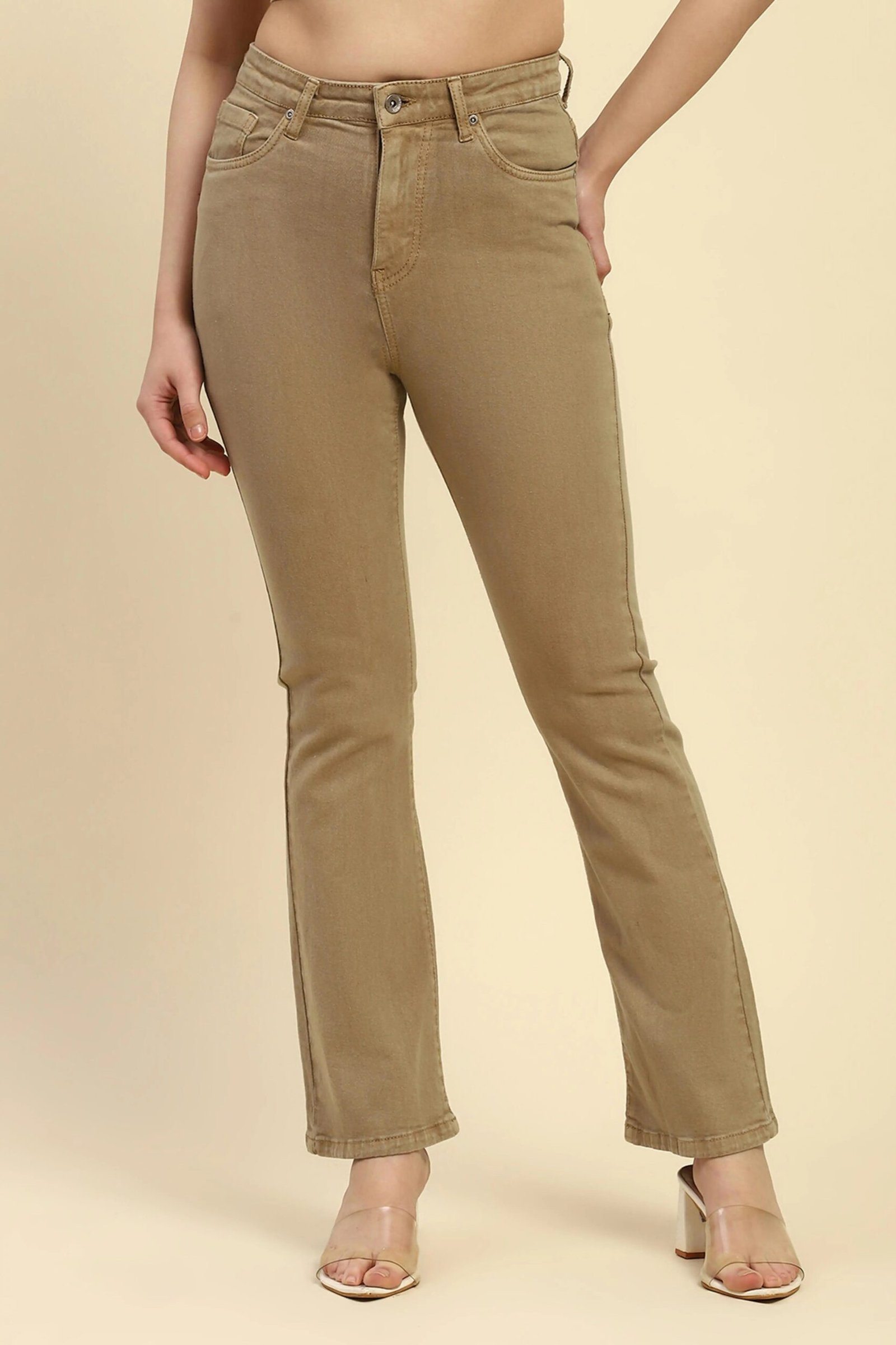 Khaki Solid Cotton Blend Jeans