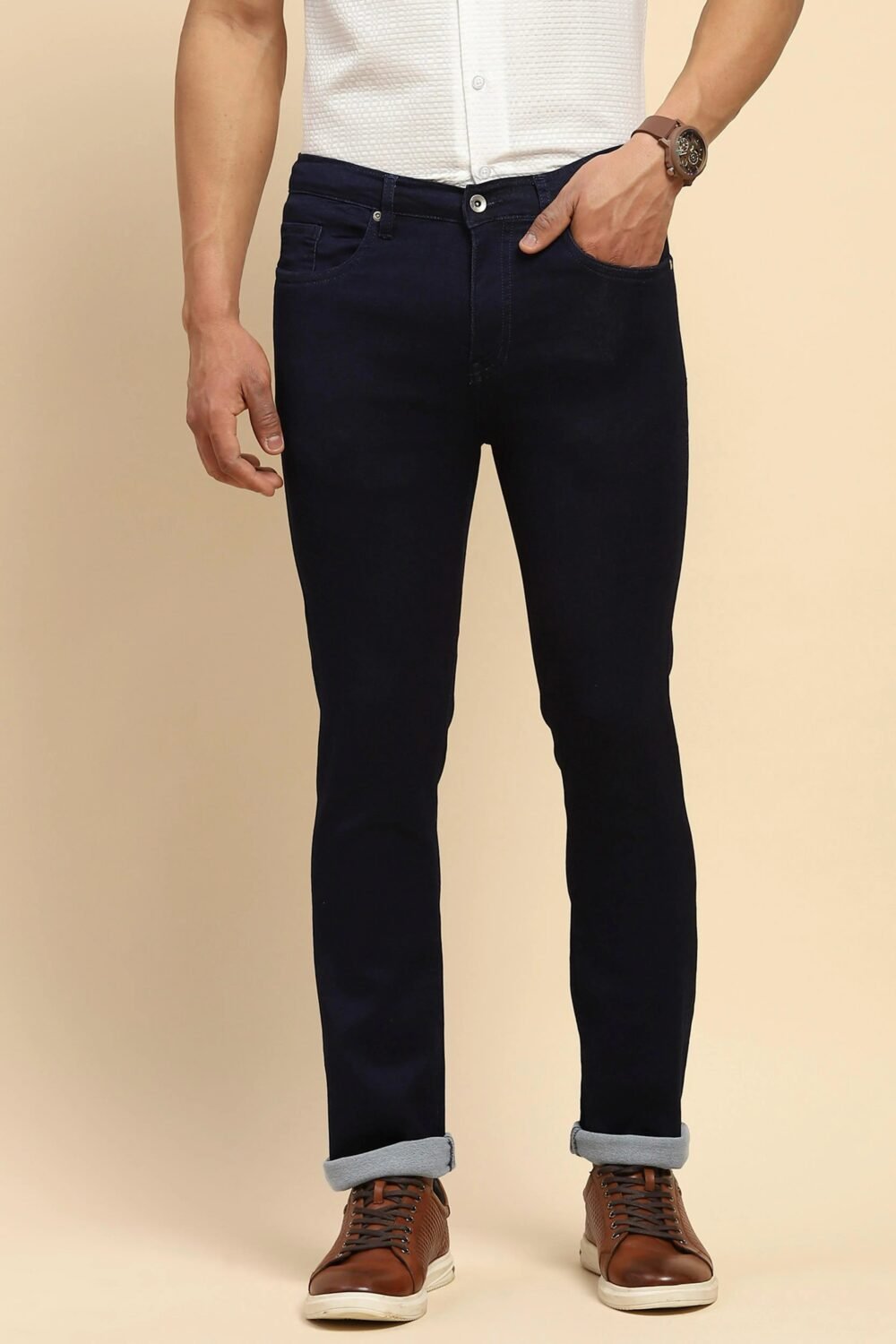 Blue Straight Fit Cotton Blend Jeans