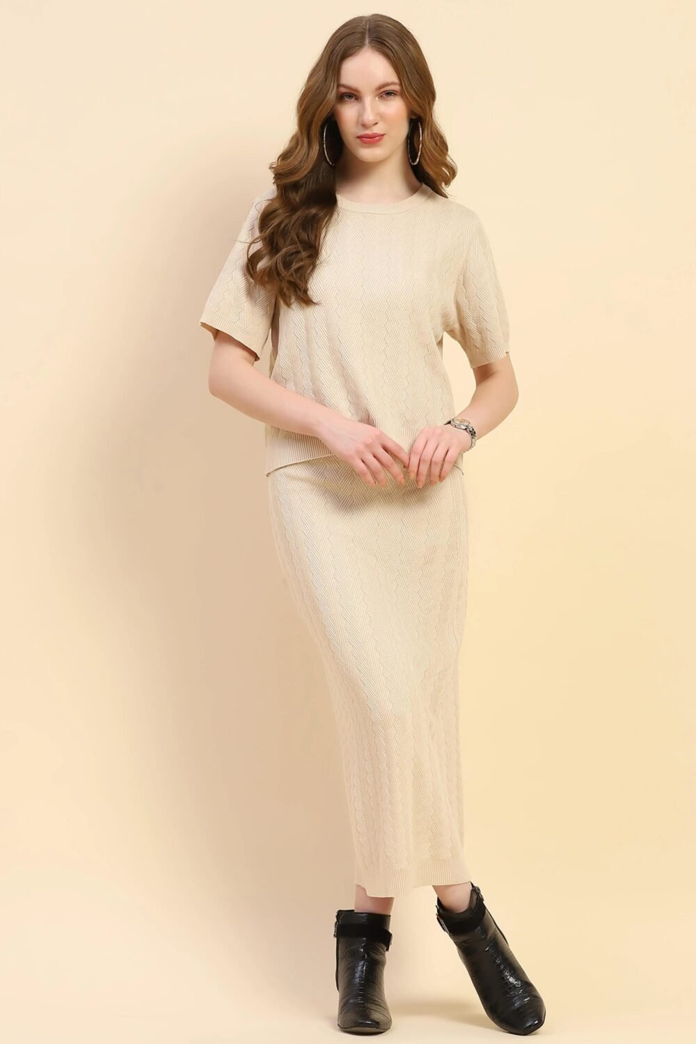 Beige Solid Viscose Blend Co-ord Set
