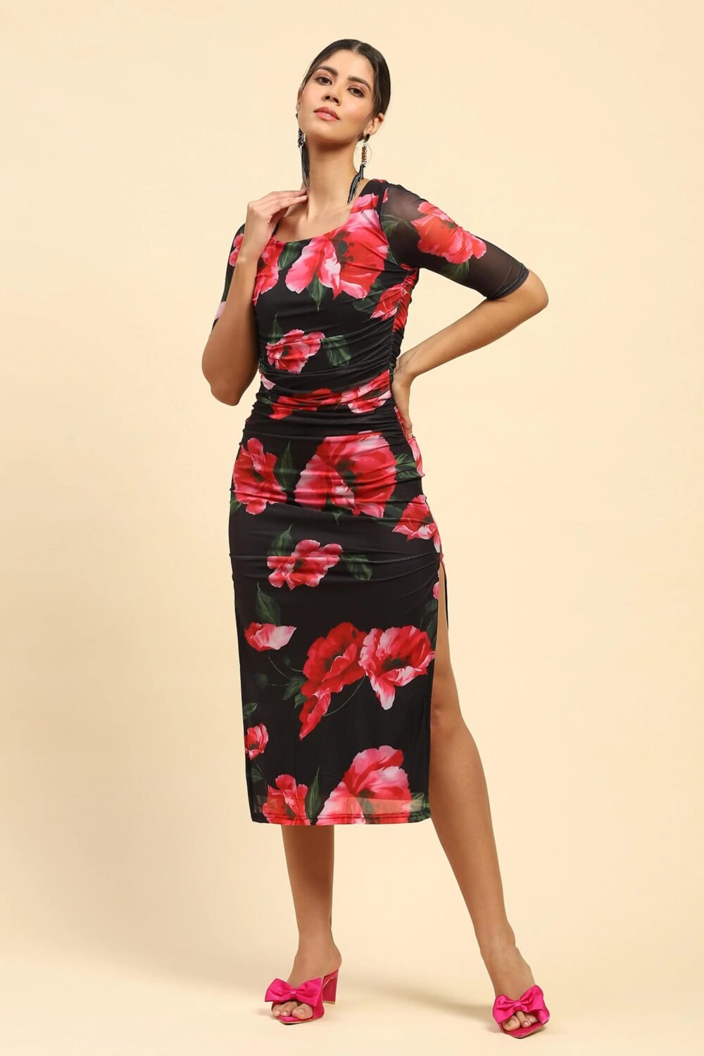 Black Floral Print Stretchable Dress