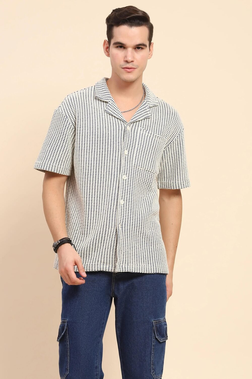 Blue Cotton Textured Casual Shirt