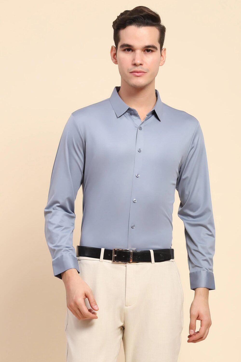 Blue Nylon Blend Solid Formal Shirt
