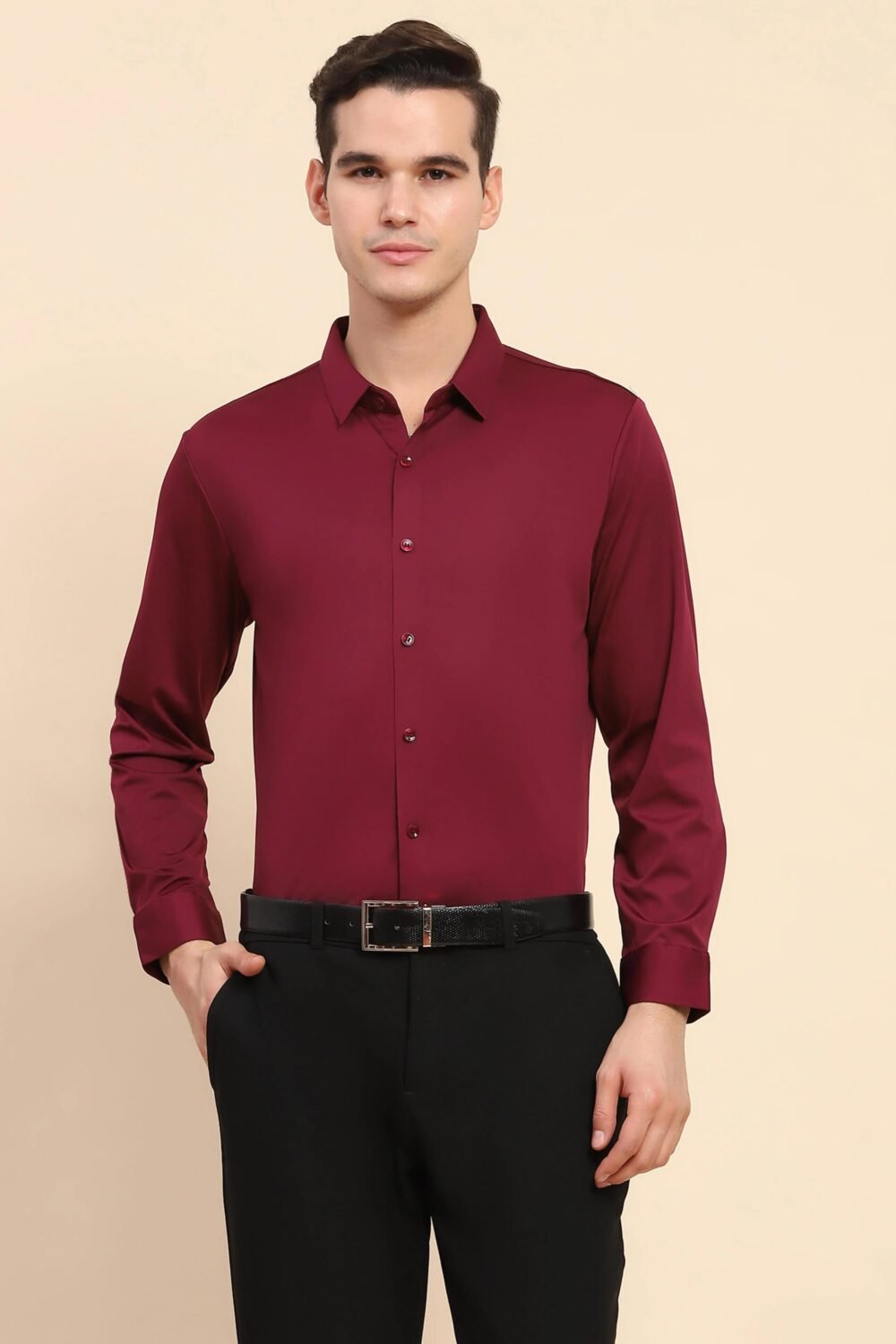Wine Nylon Blend Solid Formal Shirt