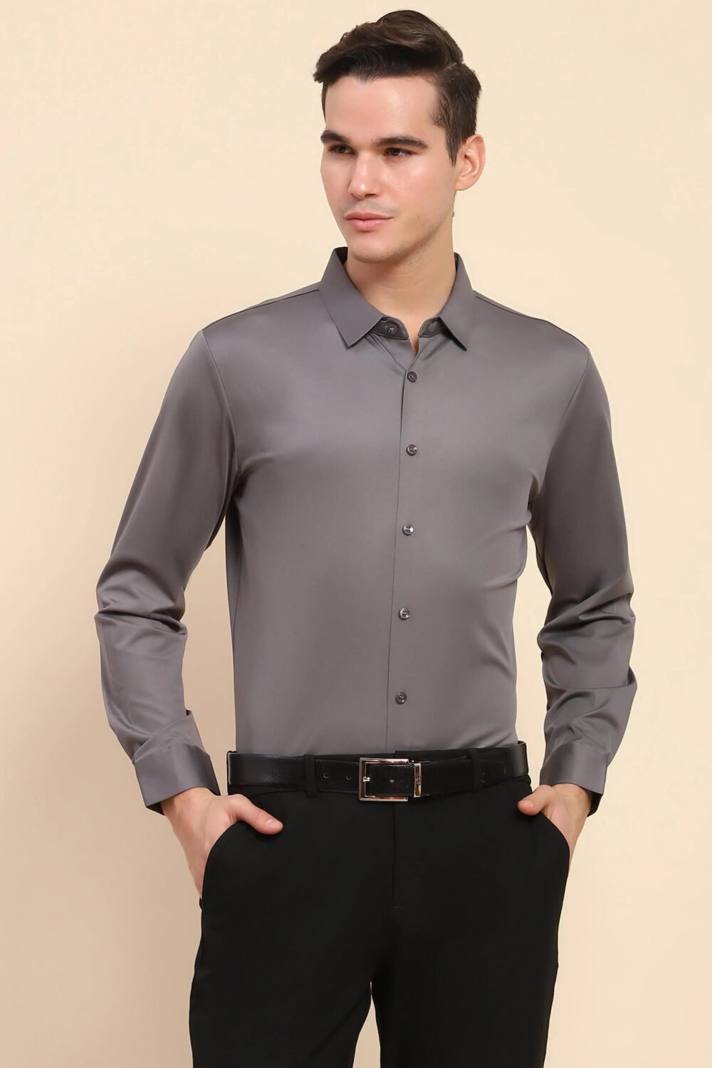 Gray Nylon Blend Solid Formal Shirt