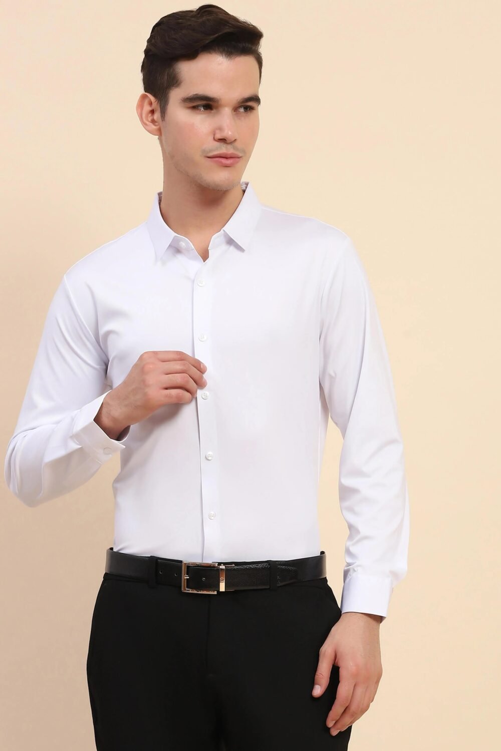 White Nylon Blend Solid Formal Shirt
