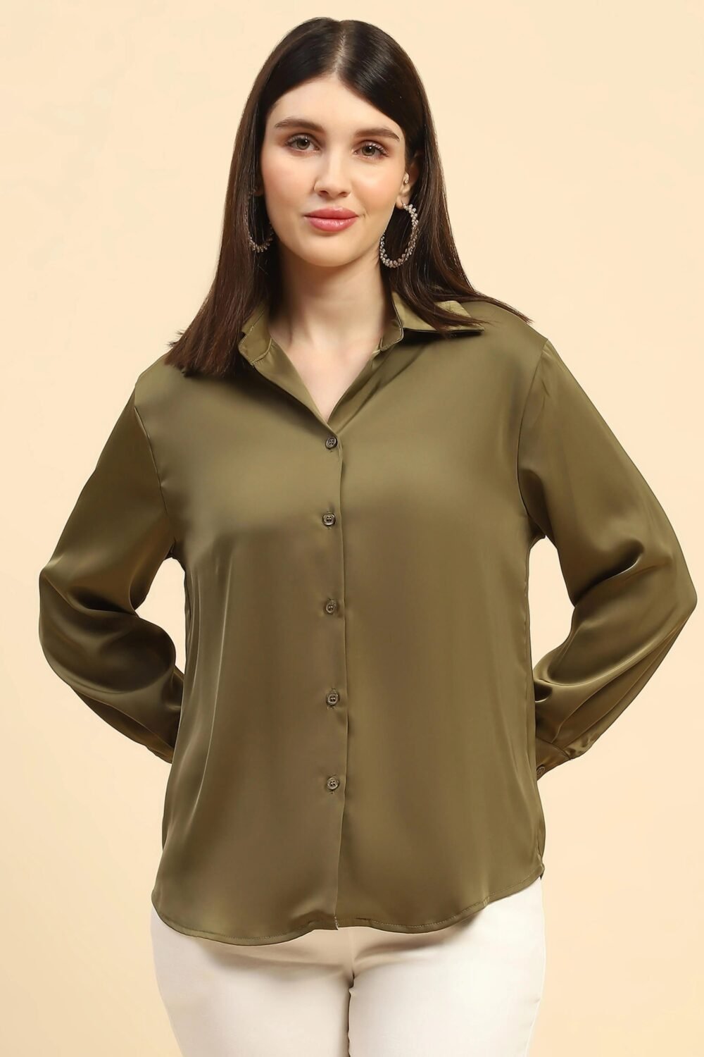 Olive Solid Satin Relaxed Fit Shirt