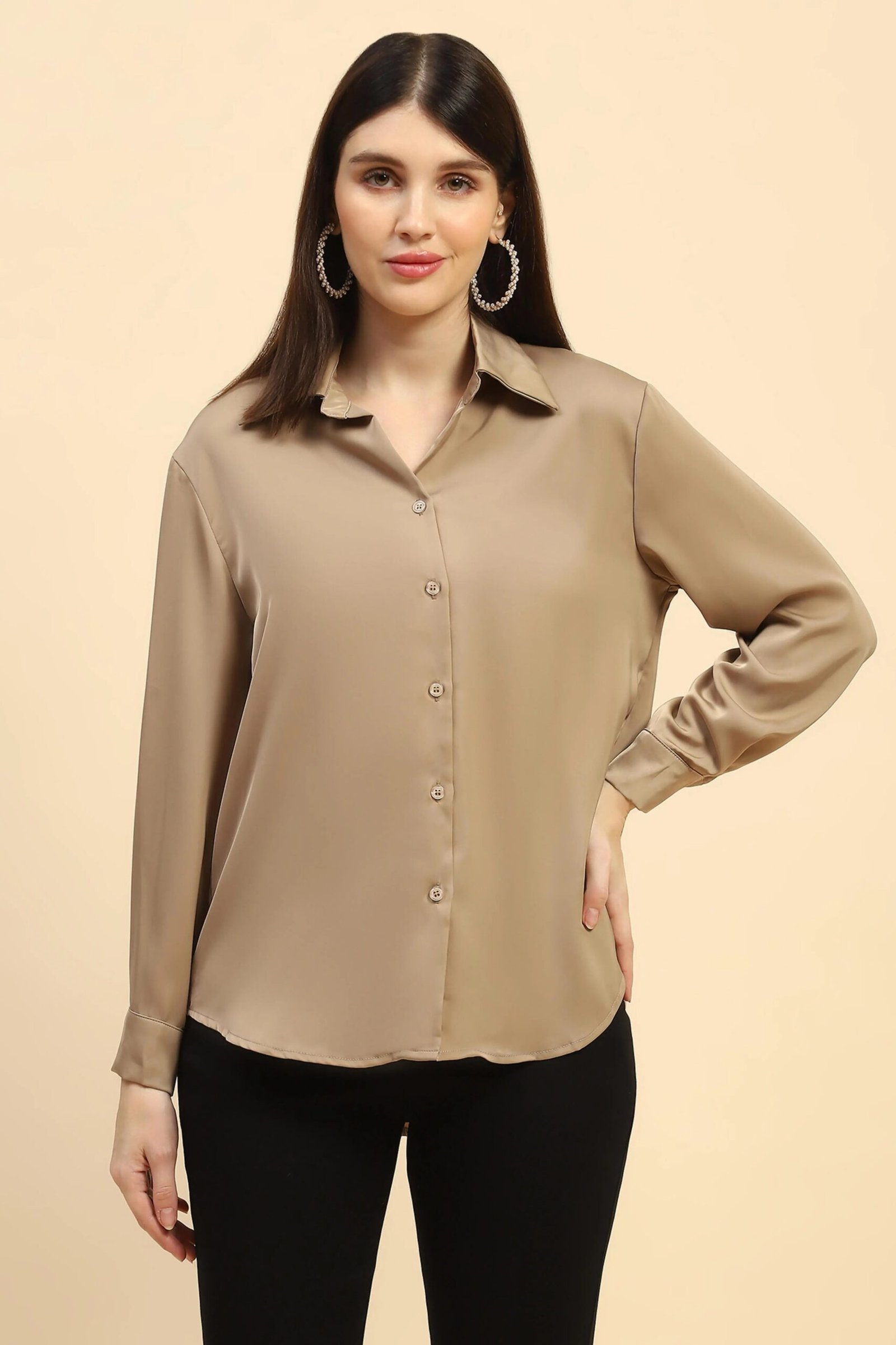 Champagne Solid Satin Relaxed Fit Shirt