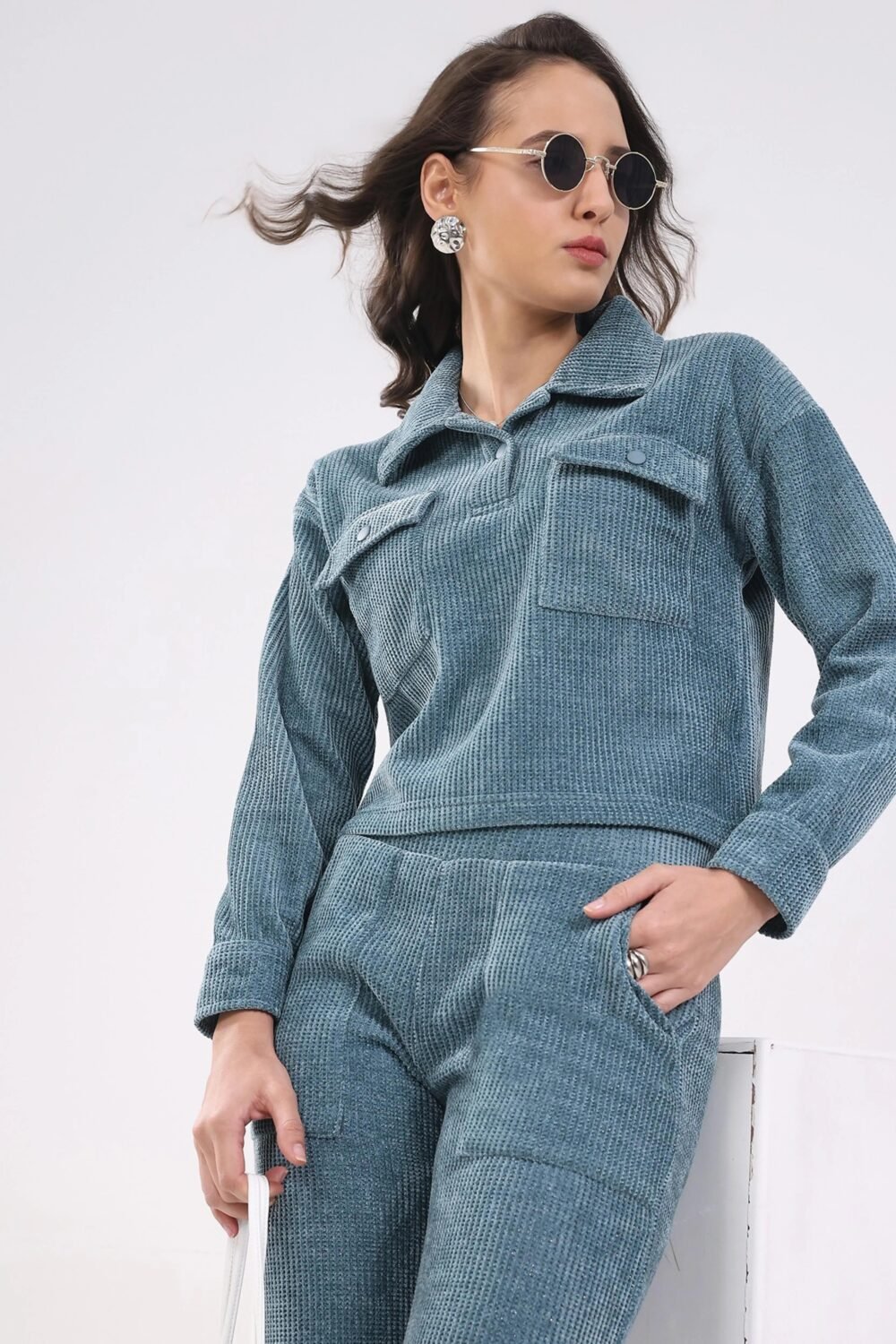 Blue Textured Winter Co-ord Set