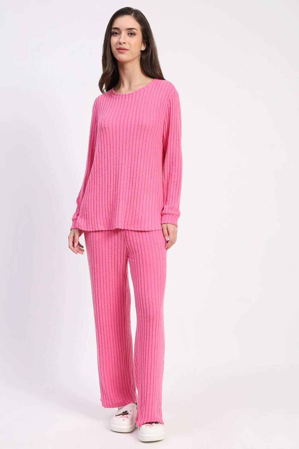 Pink Self-Striped Winter Loungewear