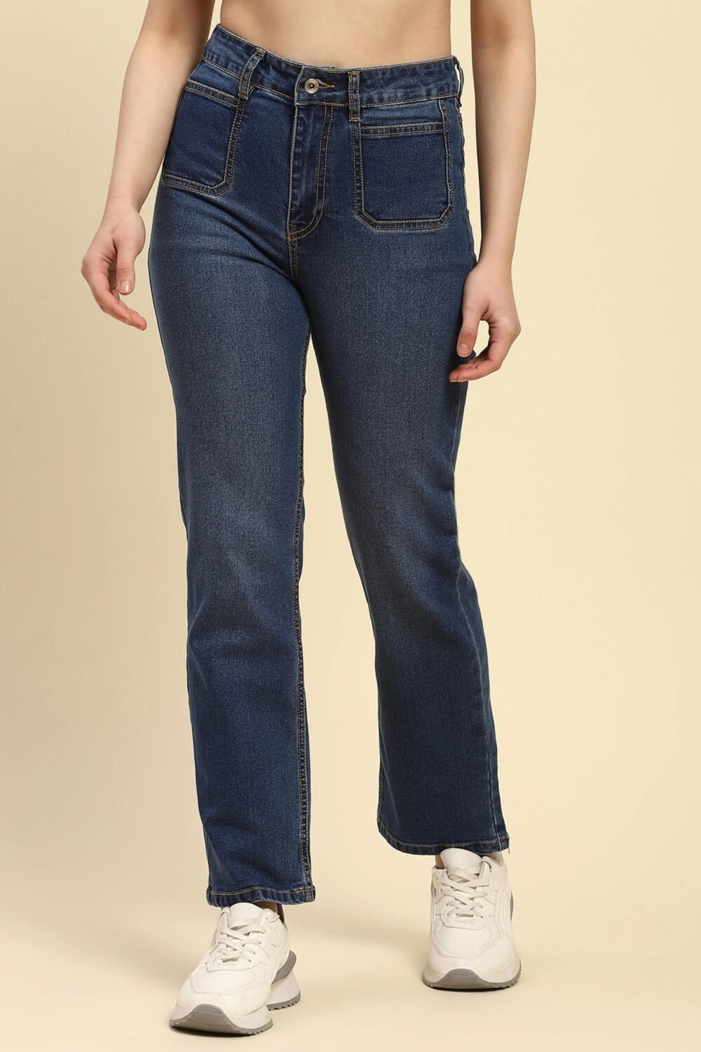 Blue Cotton Blend Straight Jeans