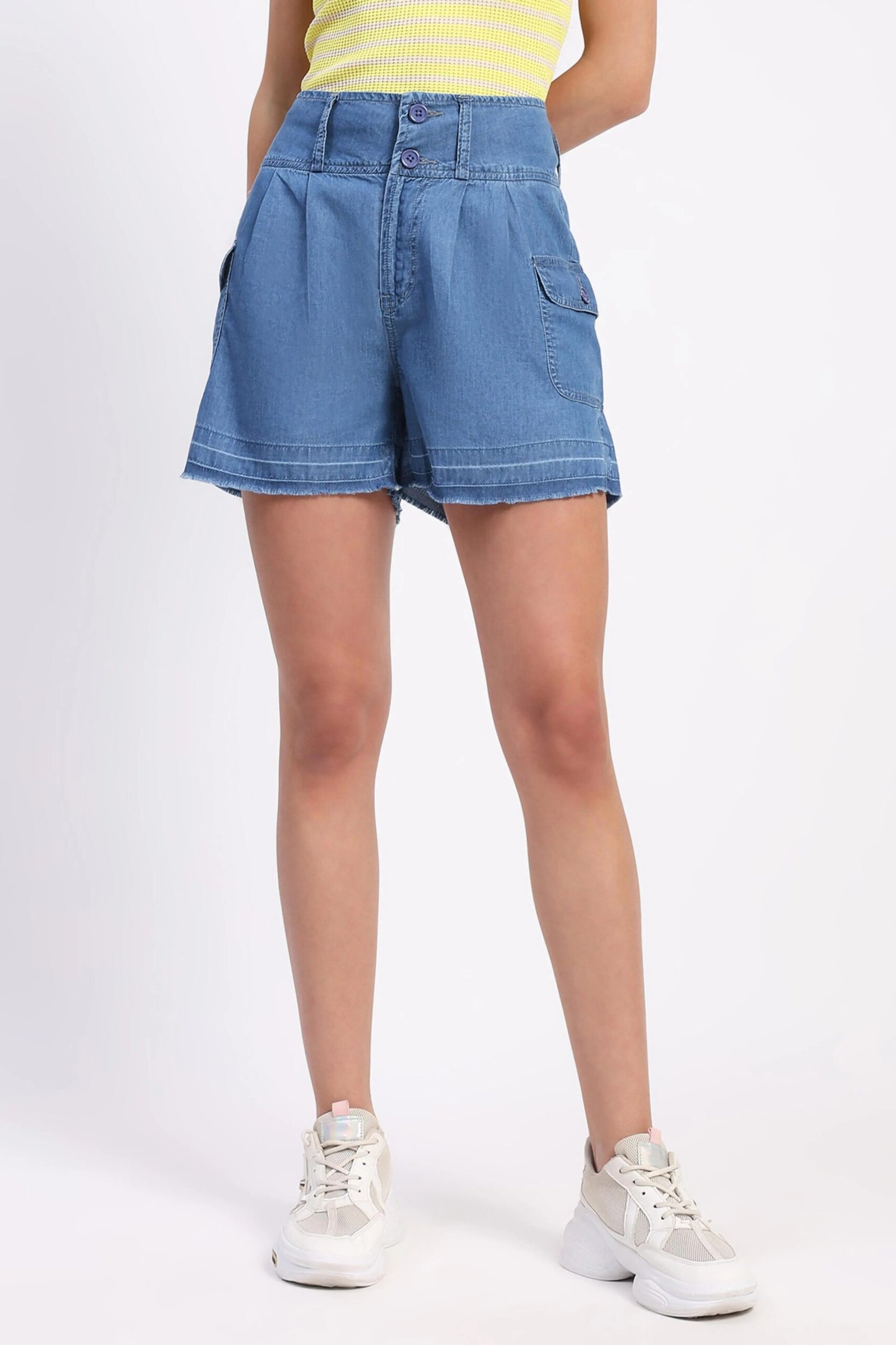 Blue Tencel Solid Shorts