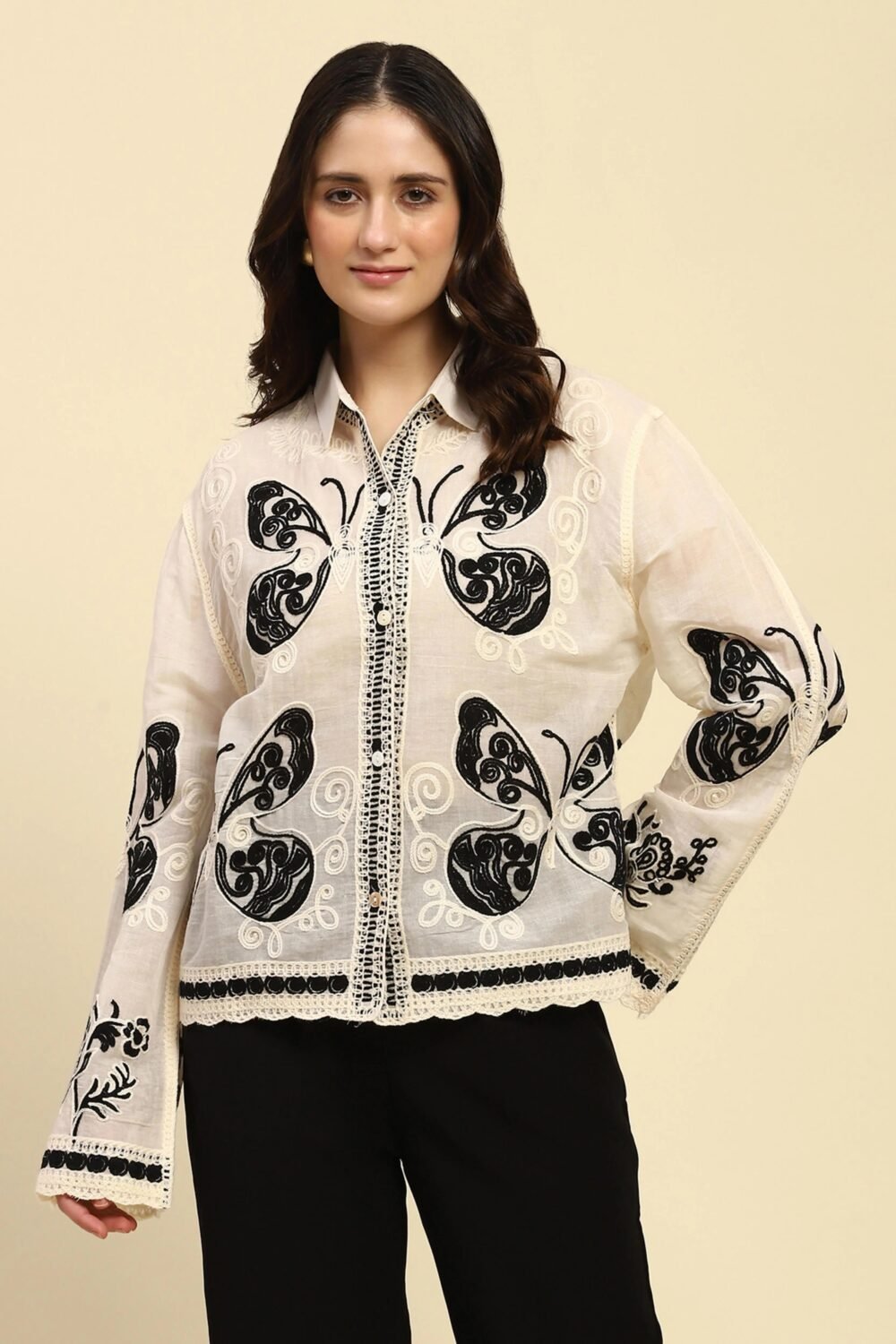 Cream & Black Embroidered Cotton Shirt