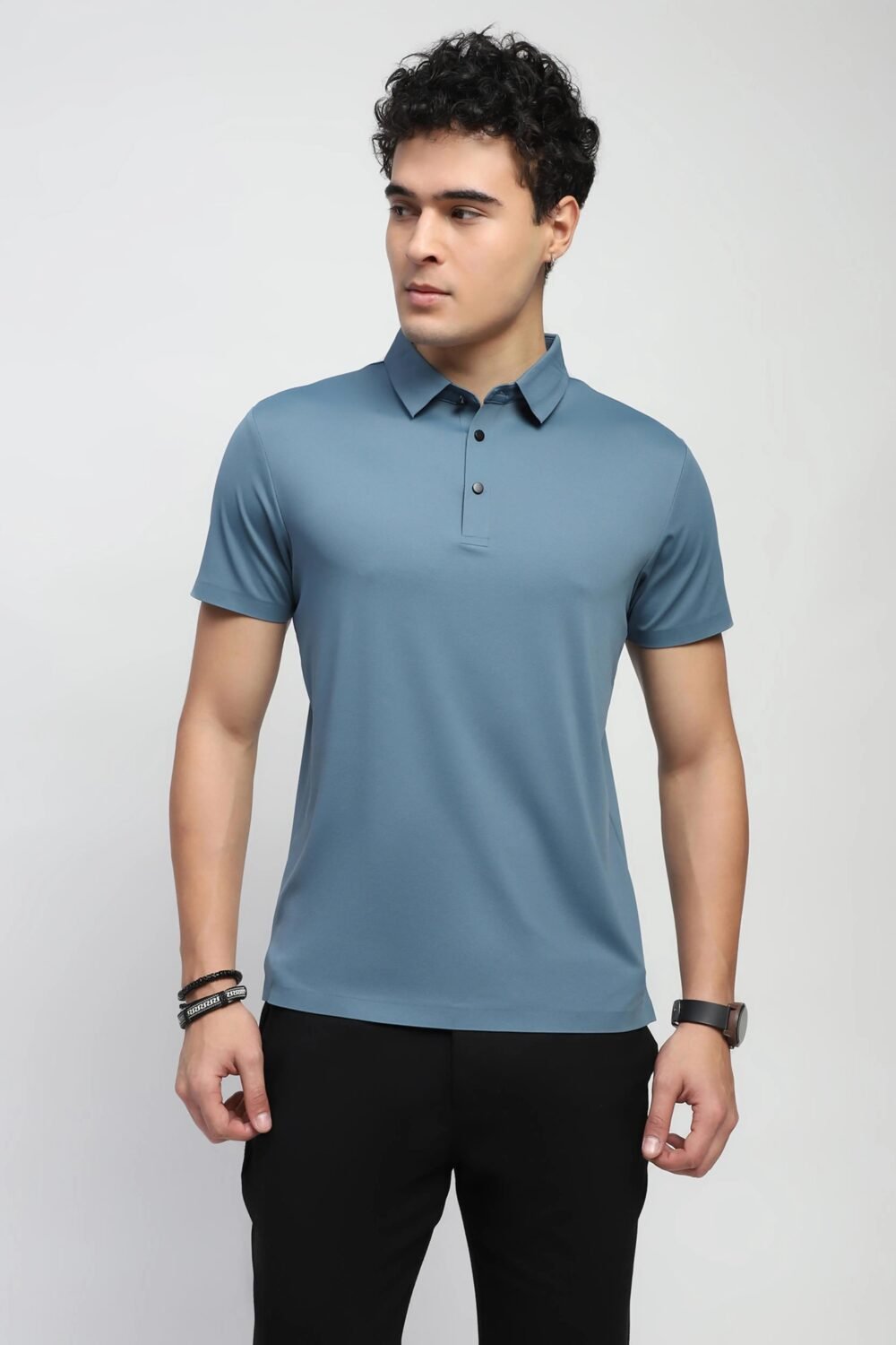 Blue Nylon Blend Solid T-Shirt