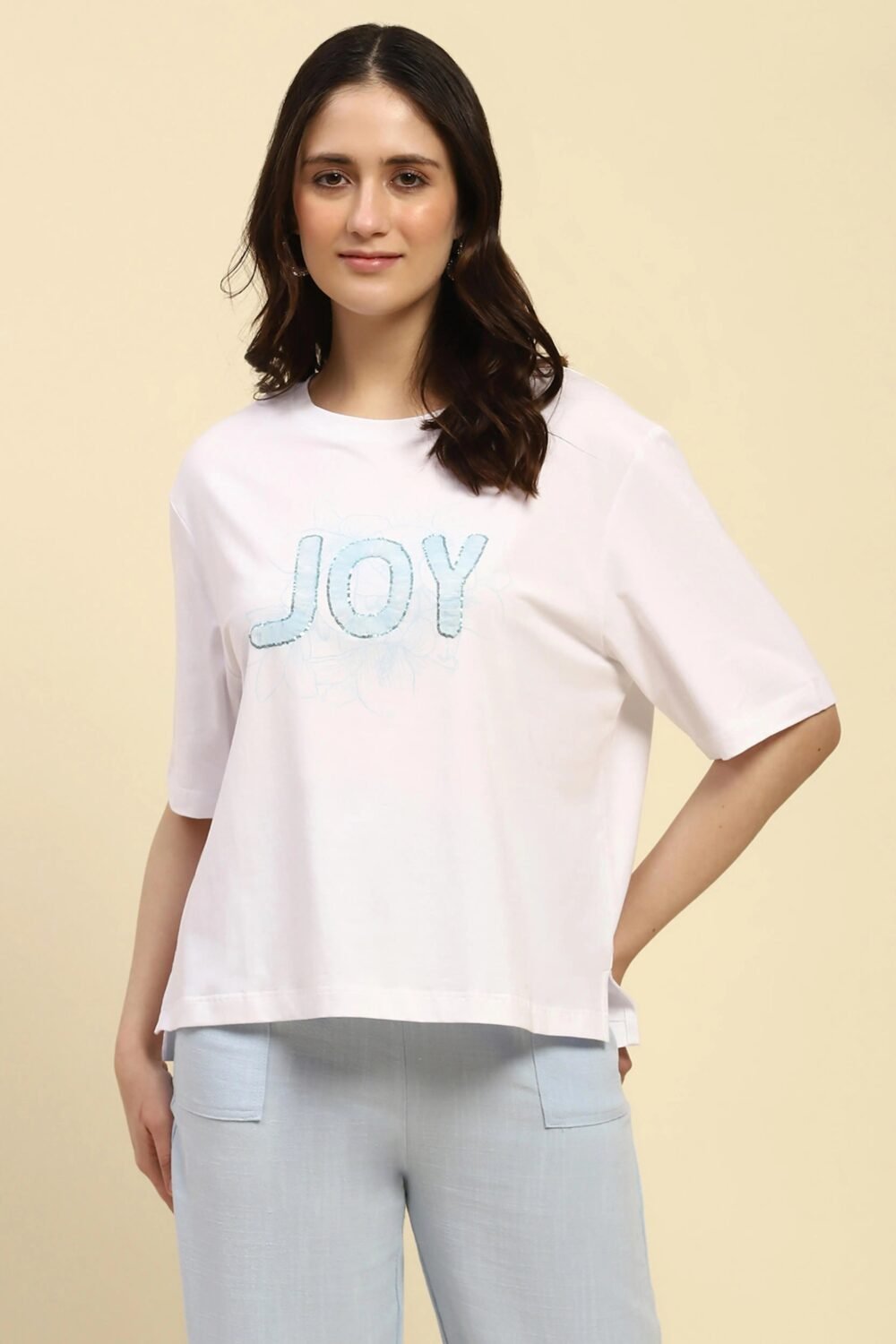 White Embroidered Cotton Boxy Top