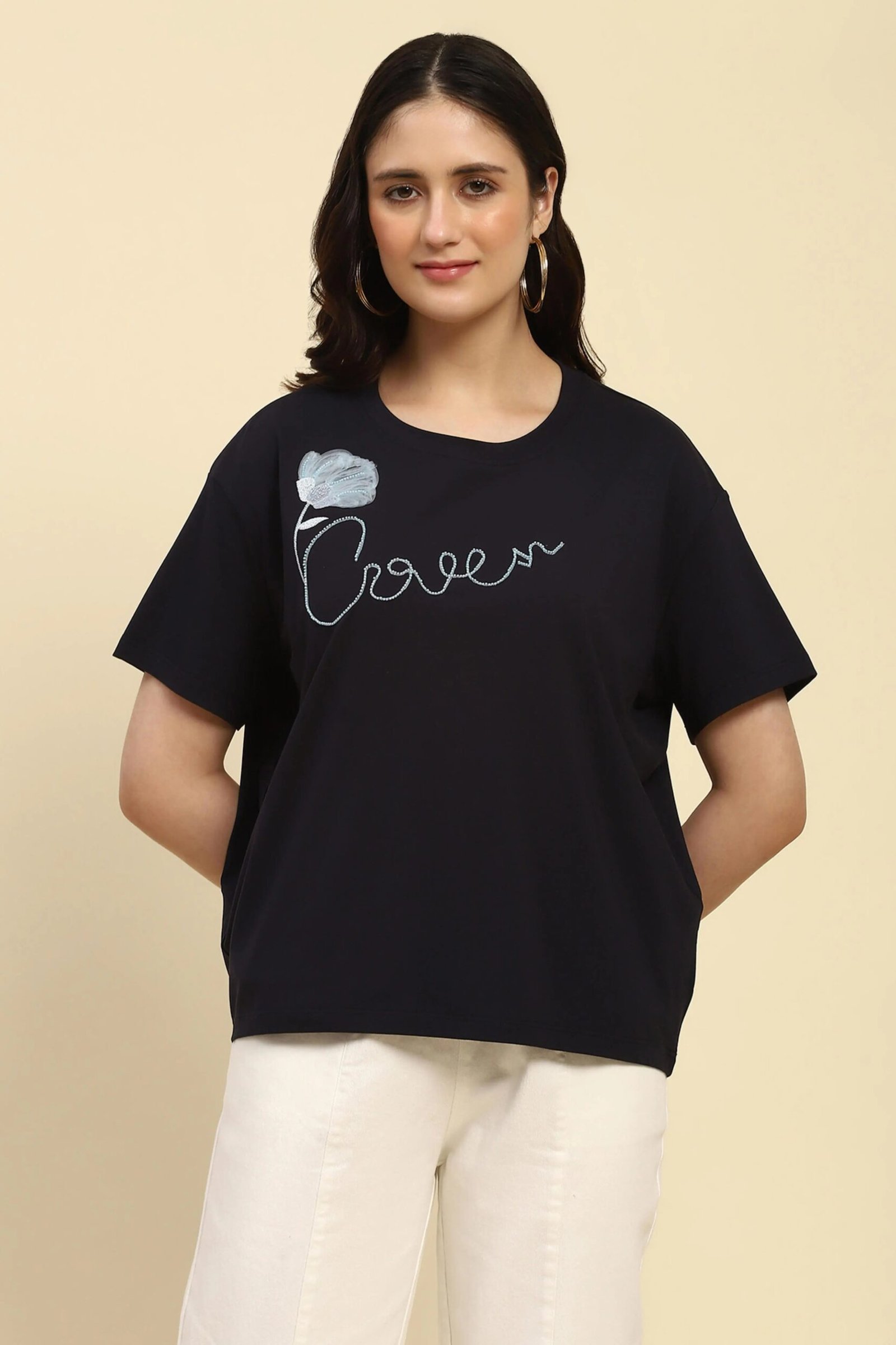 Navy Embroidered Modal Oversized Top