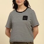 Black Striped Cotton Blend Boxy Fit Top